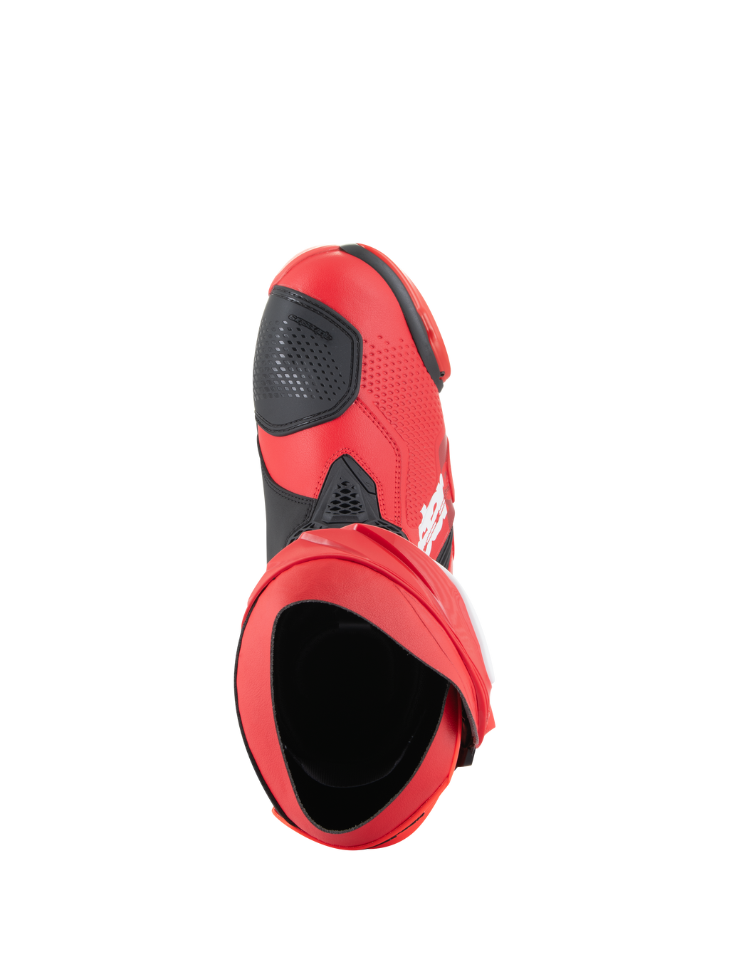 Alpinestars Supertech R støvler, motorcykelracerstøvler, Bright Red og Red Fluo, set fra oven der viser den indvendige åbning og sort gearskiftepude, strømlinet performance-design til bane og vej