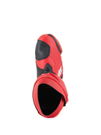 Alpinestars Supertech R støvler, motorcykelracerstøvler, Bright Red og Red Fluo, set fra oven der viser den indvendige åbning og sort gearskiftepude, strømlinet performance-design til bane og vej