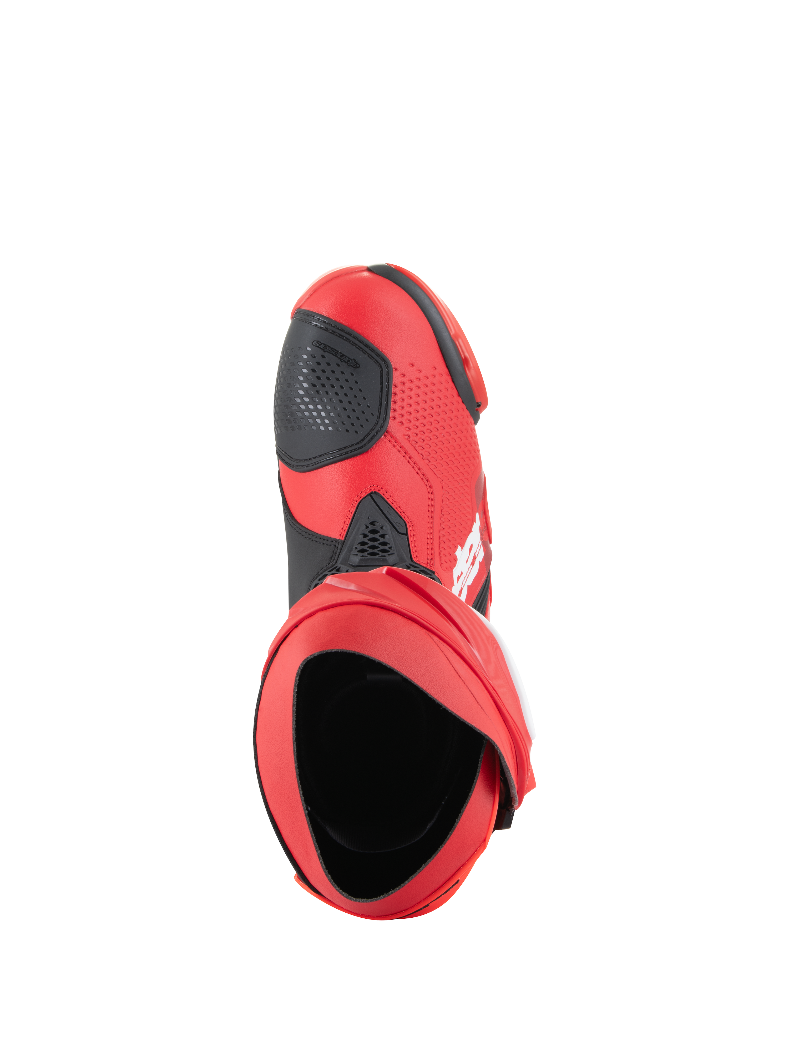 Alpinestars Supertech R støvler, motorcykelracerstøvler, Bright Red og Red Fluo, set fra oven der viser den indvendige åbning og sort gearskiftepude, strømlinet performance-design til bane og vej