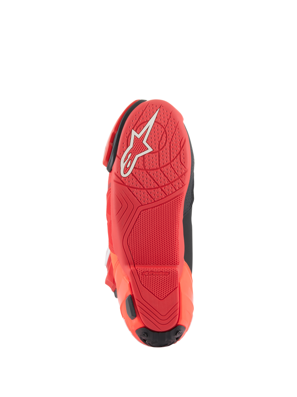 Alpinestars Supertech R støvler, motorcykel racerstøvler, Bright Red Red Fluo, undersål set nedefra med tekstureret grebsmønster og hvidt Alpinestars-logo