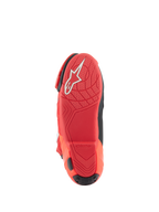 Alpinestars Supertech R støvler, motorcykel racerstøvler, Bright Red Red Fluo, undersål set nedefra med tekstureret grebsmønster og hvidt Alpinestars-logo