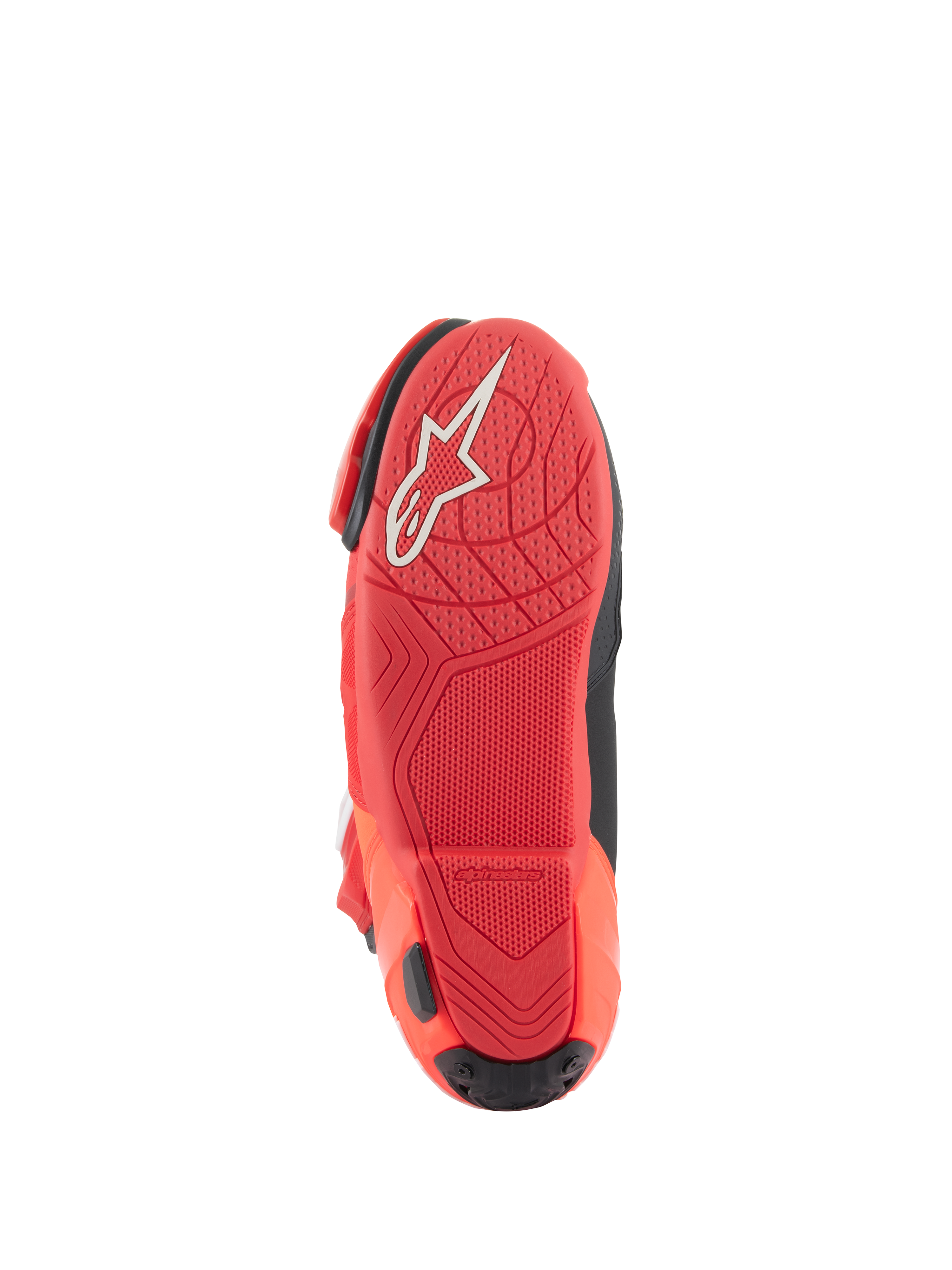 Alpinestars Supertech R støvler, motorcykel racerstøvler, Bright Red Red Fluo, undersål set nedefra med tekstureret grebsmønster og hvidt Alpinestars-logo