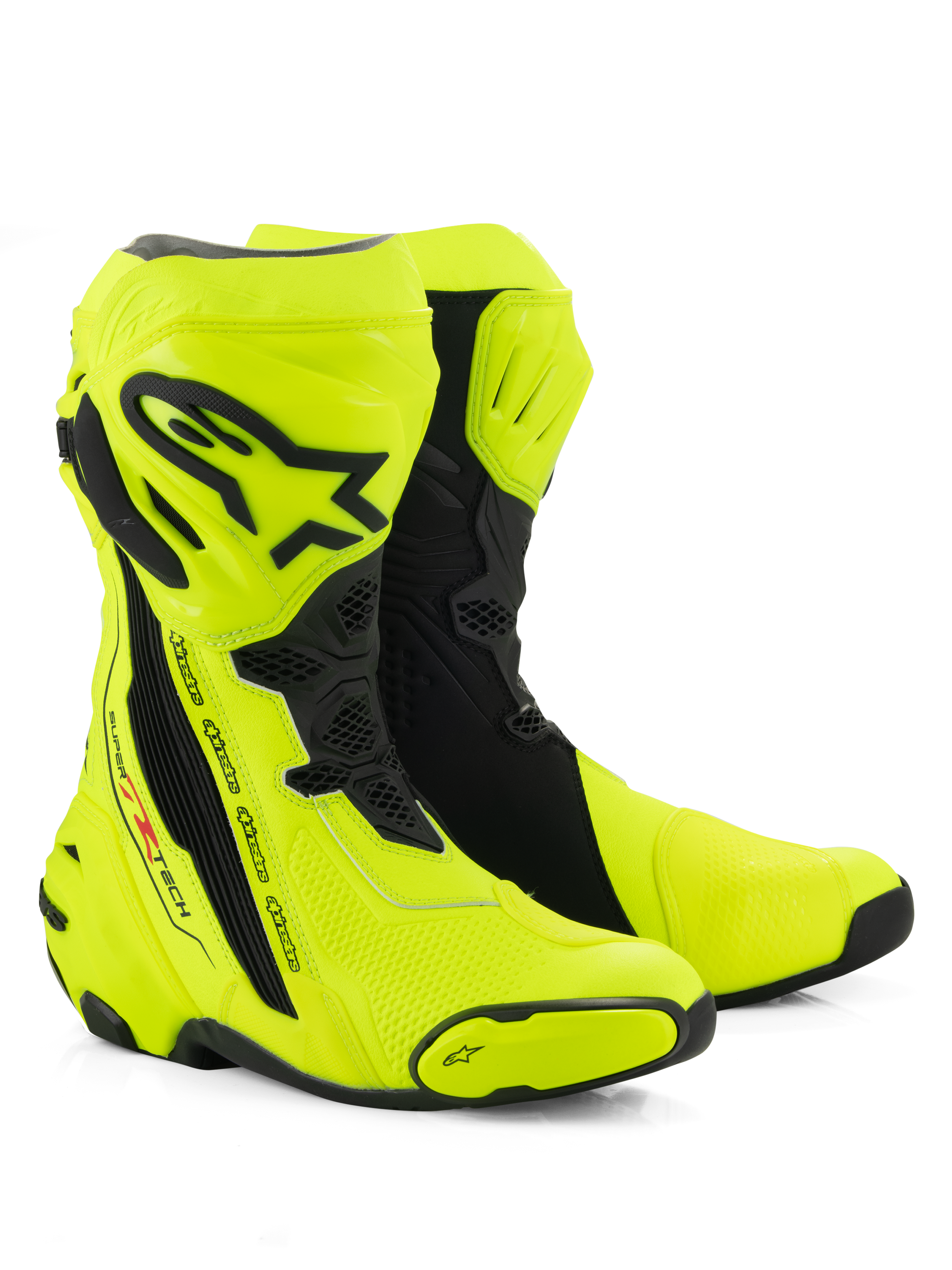 Alpinestars Supertech R støvler, motorcykel-racerstøvler, neon-gul og sort, med en beskyttende skinnebensplade med Alpinestars-logo, fleksible akkordion-paneler og forstærkede tå-slidere på en hvid baggrund