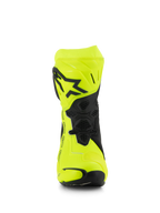 Alpinestars Supertech R støvler, motorcykel racingstøvler, Yellow Fluo og sort, set forfra viser det sorte stjernelogo på skinnepladen, bikubestrukturerede fleksområder og strømlinet design til højpræstations-racing.