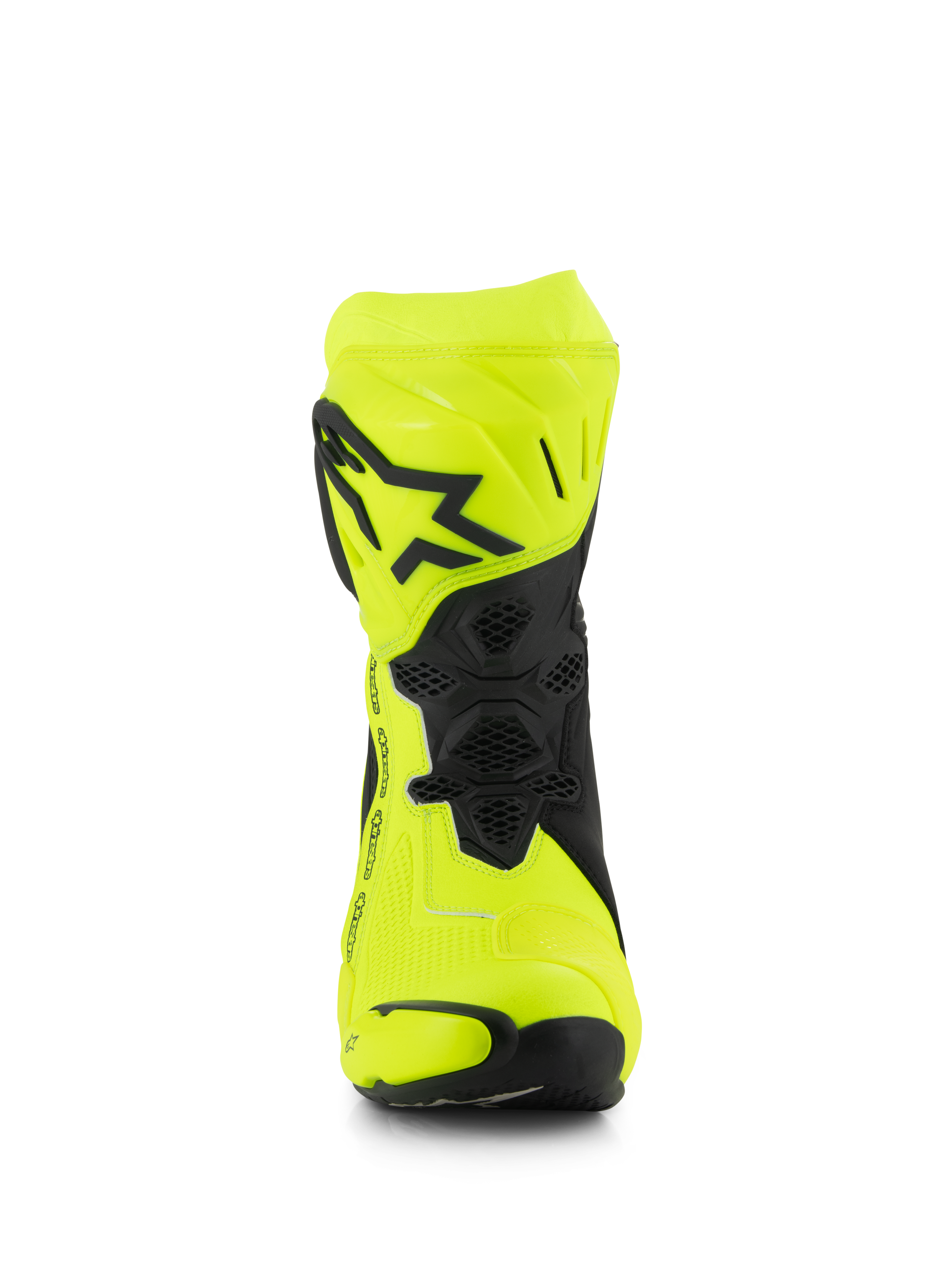 Alpinestars Supertech R støvler, motorcykel racingstøvler, Yellow Fluo og sort, set forfra viser det sorte stjernelogo på skinnepladen, bikubestrukturerede fleksområder og strømlinet design til højpræstations-racing.