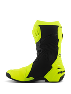 Alpinestars Supertech R støvler, motorcykelracerstøvler, gul fluo og sort, sideprofil med forstærket skinnebens- og hælbeskyttelse, strømlinet ergonomisk design med perforerede paneler og branding på hælen.