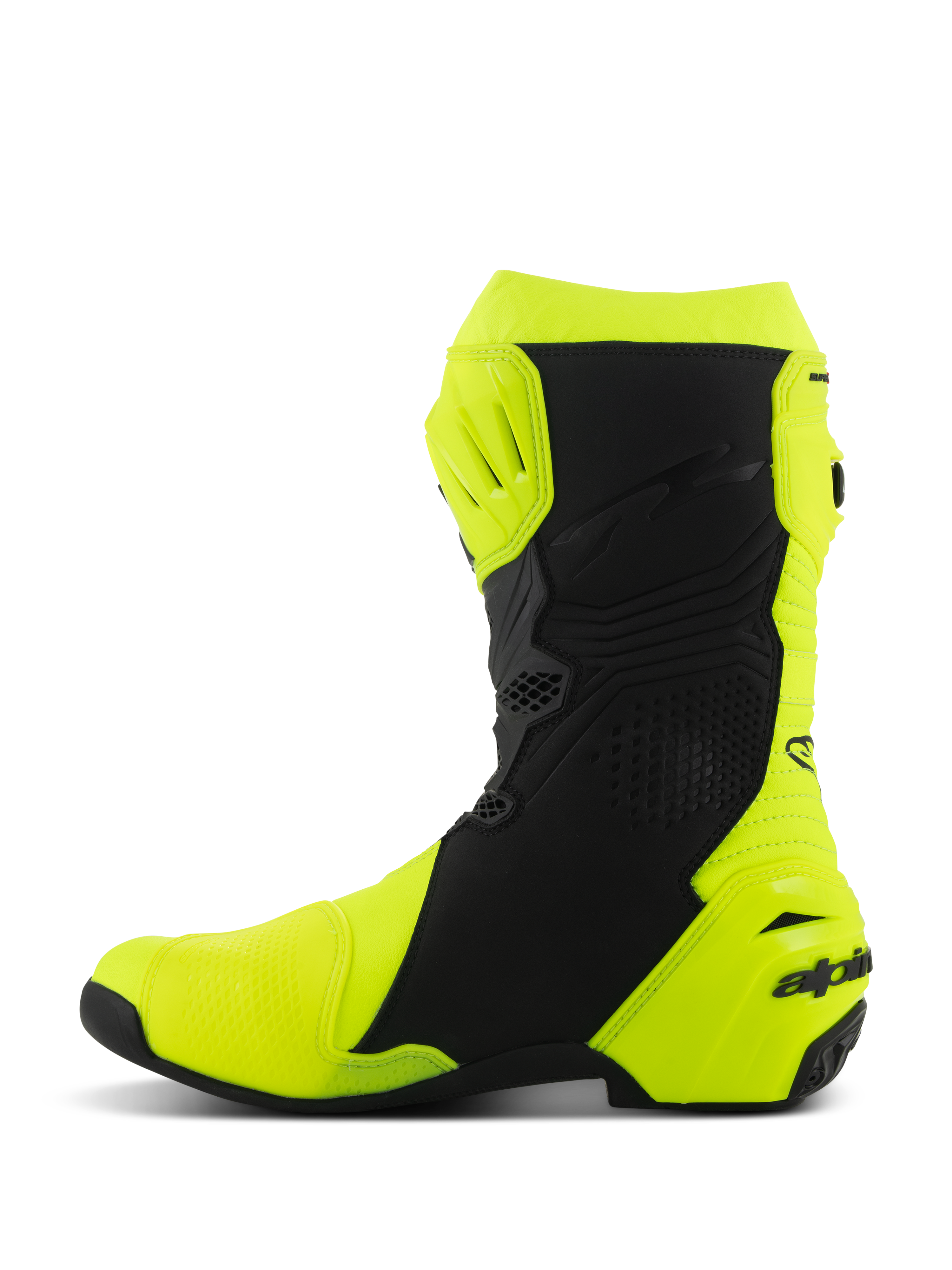 Alpinestars Supertech R støvler, motorcykelracerstøvler, gul fluo og sort, sideprofil med forstærket skinnebens- og hælbeskyttelse, strømlinet ergonomisk design med perforerede paneler og branding på hælen.