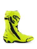 Alpinestars Supertech R støvler, motorcykel-racerstøvler, Yellow Fluo Black, sidevisning med høj-synlig fluorescerende gul og sorte beskyttelsesplader, Alpinestars-branding på skinneben og hæl, slank aerodynamisk profil til højtydende kørsel
