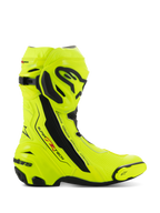 Alpinestars Supertech R støvler, motorcykel-racerstøvler, Yellow Fluo Black, sidevisning med høj-synlig fluorescerende gul og sorte beskyttelsesplader, Alpinestars-branding på skinneben og hæl, slank aerodynamisk profil til højtydende kørsel