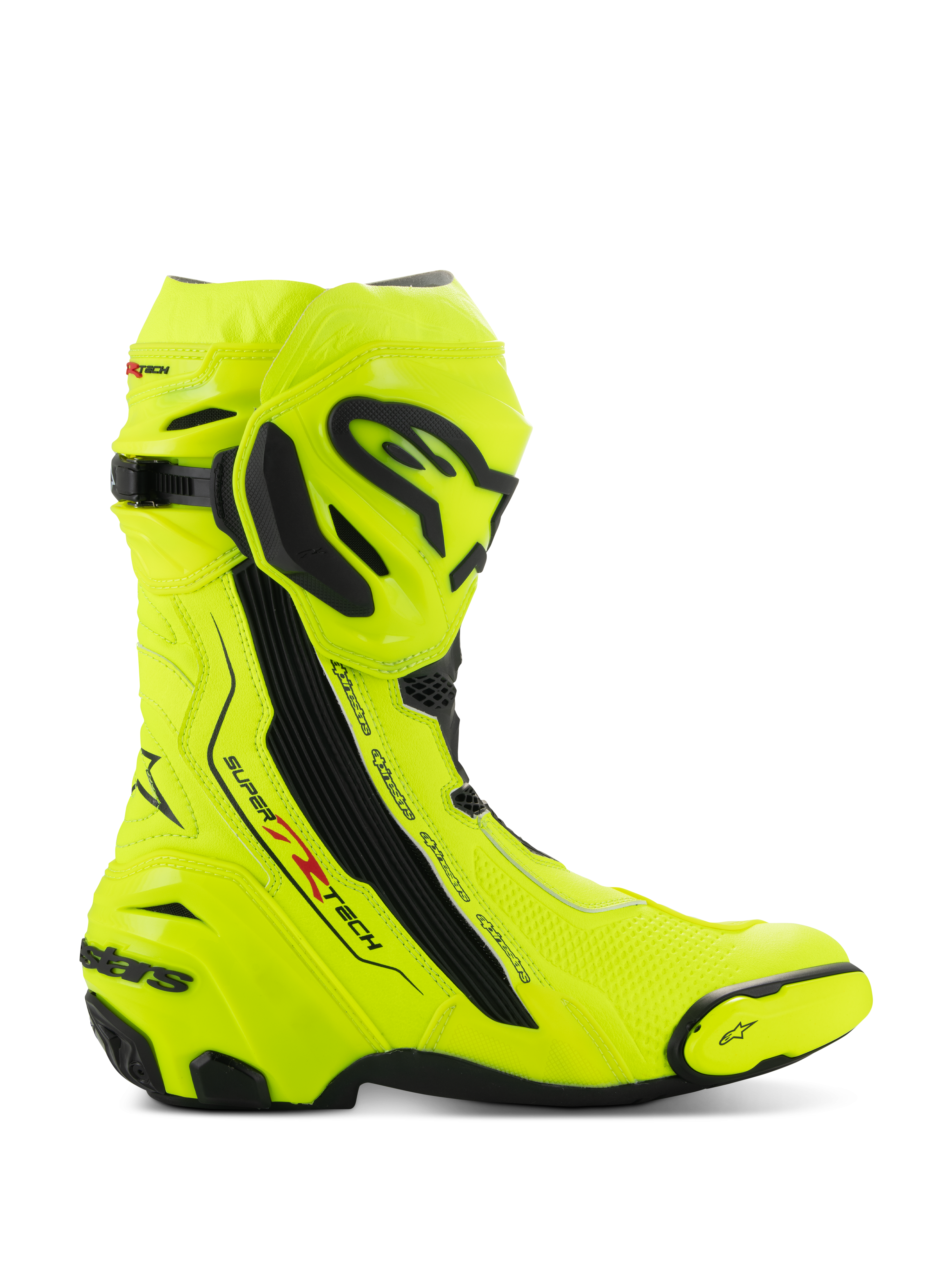 Alpinestars Supertech R støvler, motorcykel-racerstøvler, Yellow Fluo Black, sidevisning med høj-synlig fluorescerende gul og sorte beskyttelsesplader, Alpinestars-branding på skinneben og hæl, slank aerodynamisk profil til højtydende kørsel