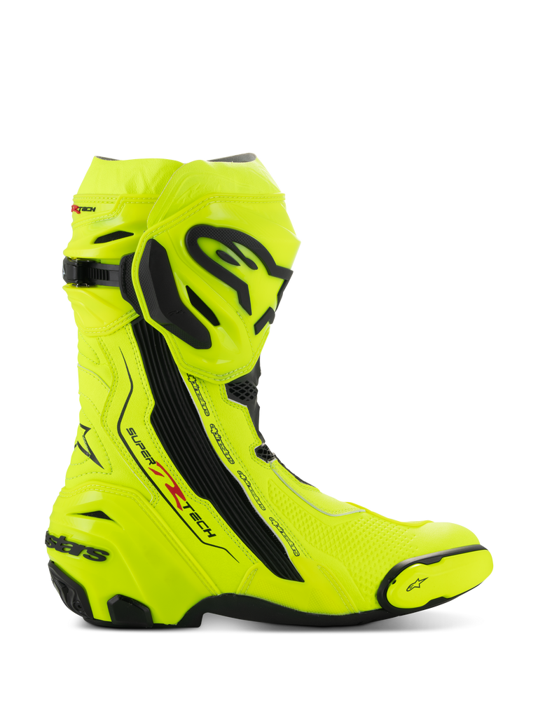Alpinestars Supertech R støvler, motorcykel-racerstøvler, Yellow Fluo Black, sidevisning med høj-synlig fluorescerende gul og sorte beskyttelsesplader, Alpinestars-branding på skinneben og hæl, slank aerodynamisk profil til højtydende kørsel