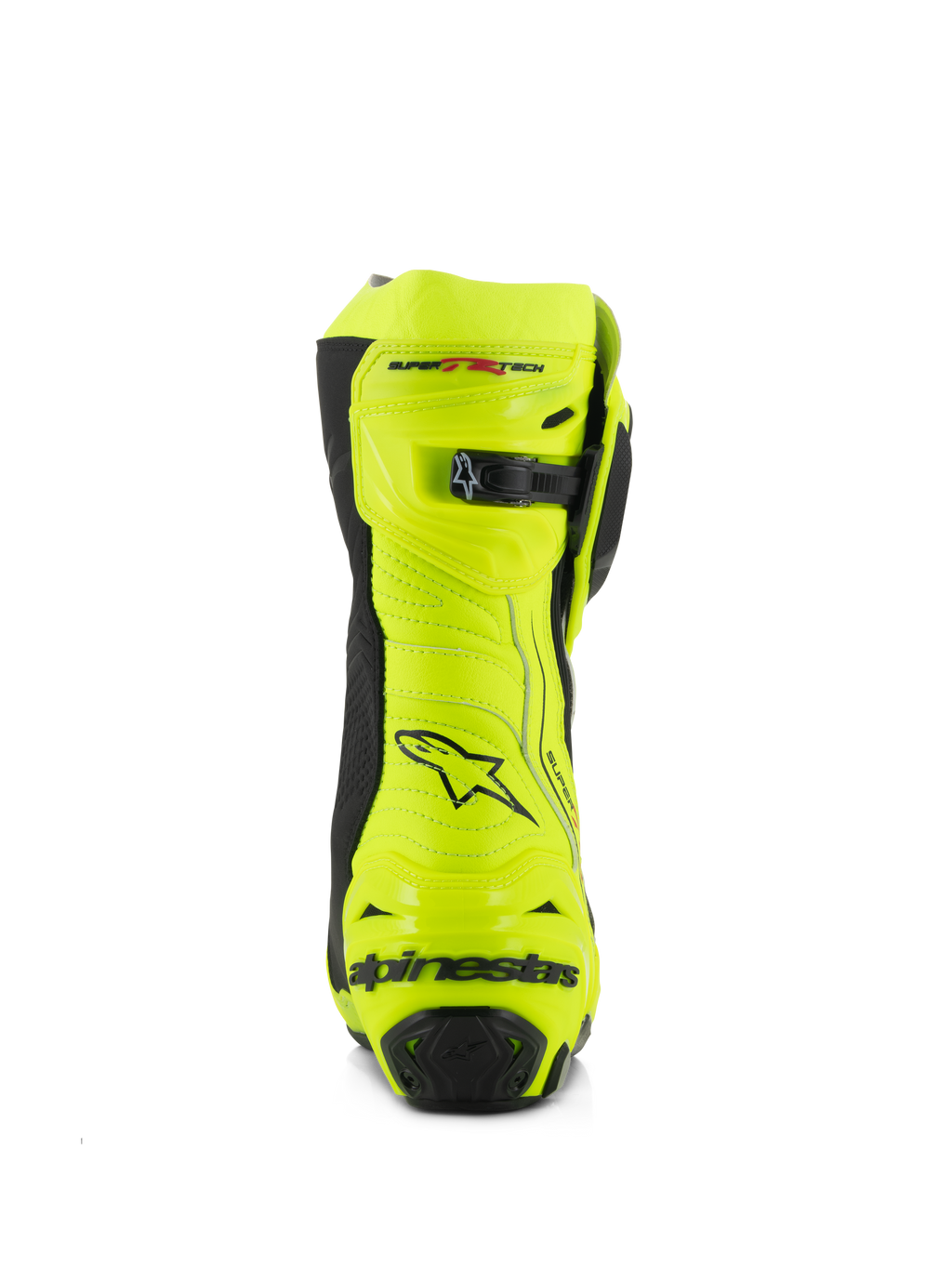 Alpinestars Supertech R støvler, motorcykelracerstøvler, gul fluo og sort, set bagfra med forstærket hælbeskytter, justerbar læglukning og markant branding, høj-synlig fluorescerende finish til performance på bane og vej