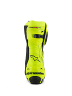 Alpinestars Supertech R støvler, motorcykelracerstøvler, gul fluo og sort, set bagfra med forstærket hælbeskytter, justerbar læglukning og markant branding, høj-synlig fluorescerende finish til performance på bane og vej