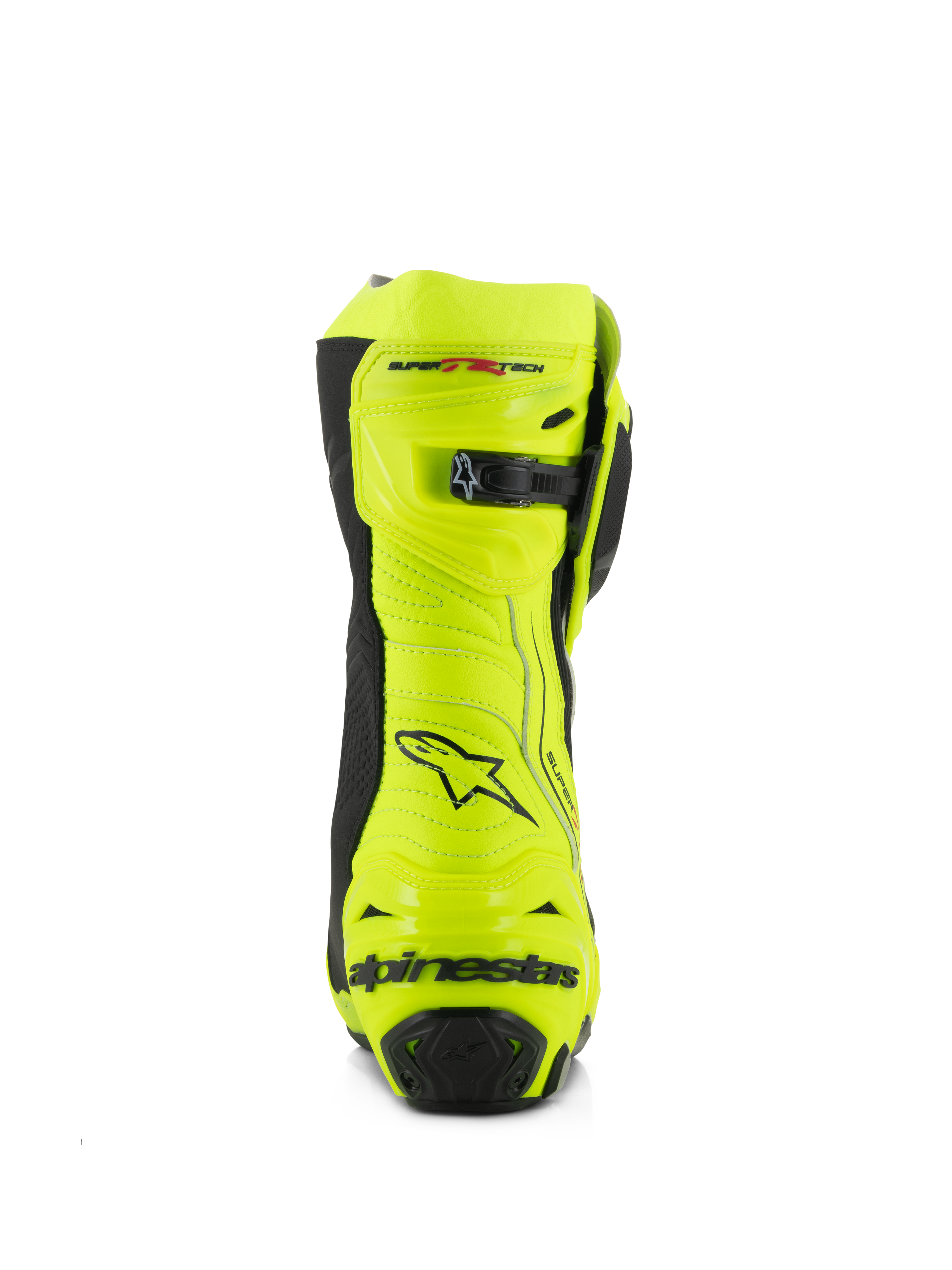 Alpinestars Supertech R støvler, motorcykelracerstøvler, gul fluo og sort, set bagfra med forstærket hælbeskytter, justerbar læglukning og markant branding, høj-synlig fluorescerende finish til performance på bane og vej
