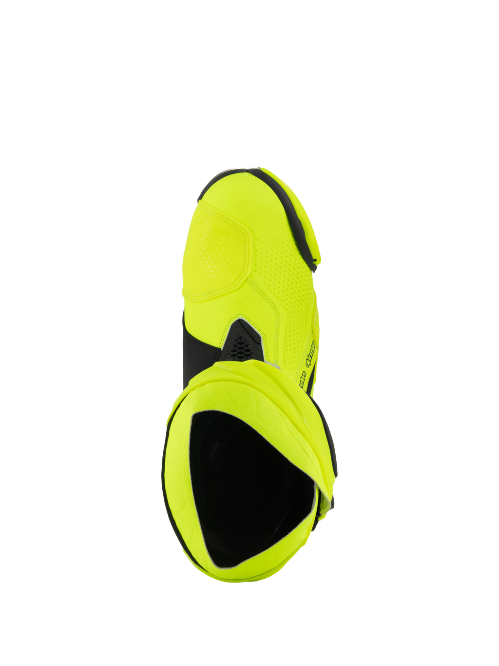 Alpinestars Supertech R støvler, motorcykel racerstøvler, Yellow Fluo Black, set oppefra med kig ind i støvlens indre, lys neongul finish med sorte detaljer og gamache-detaljer