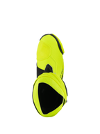 Alpinestars Supertech R støvler, motorcykel racerstøvler, Yellow Fluo Black, set oppefra med kig ind i støvlens indre, lys neongul finish med sorte detaljer og gamache-detaljer
