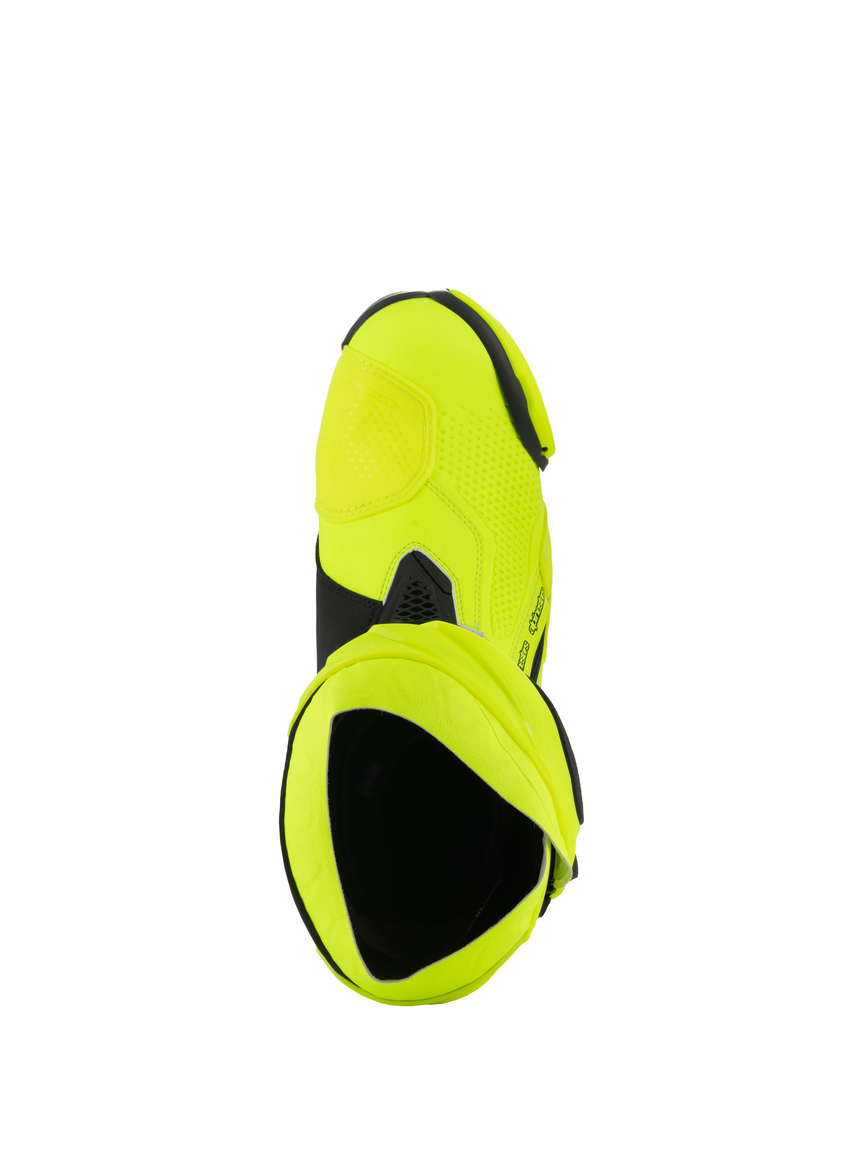 Alpinestars Supertech R støvler, motorcykel racerstøvler, Yellow Fluo Black, set oppefra med kig ind i støvlens indre, lys neongul finish med sorte detaljer og gamache-detaljer