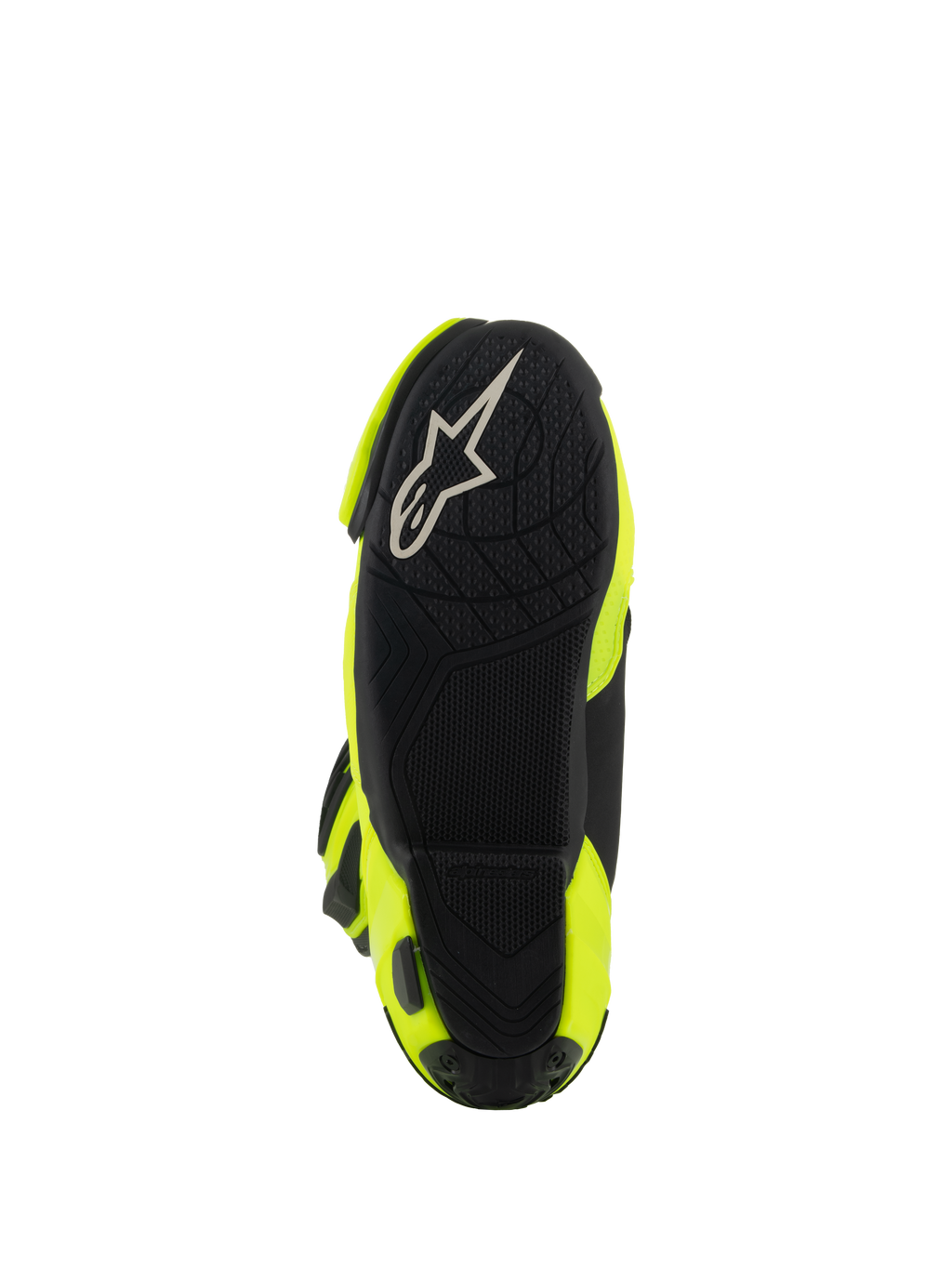 Alpinestars Supertech R-støvler, motorcykel-racerstøvler, gul fluo sort, set fra bunden, viser sort tekstureret sål med hvidt Alpinestars-logo og klare gule sidepaneler