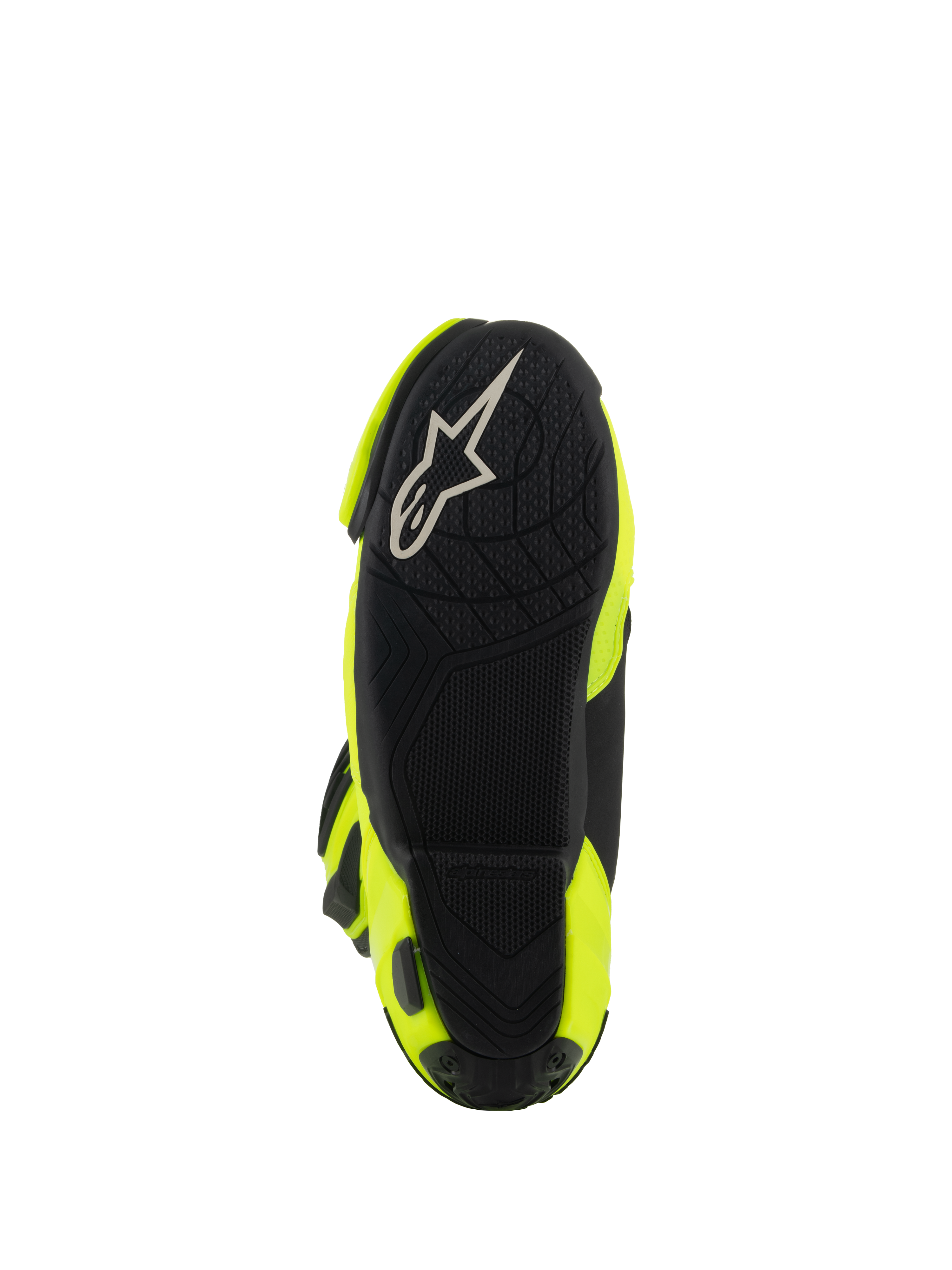 Alpinestars Supertech R-støvler, motorcykel-racerstøvler, gul fluo sort, set fra bunden, viser sort tekstureret sål med hvidt Alpinestars-logo og klare gule sidepaneler