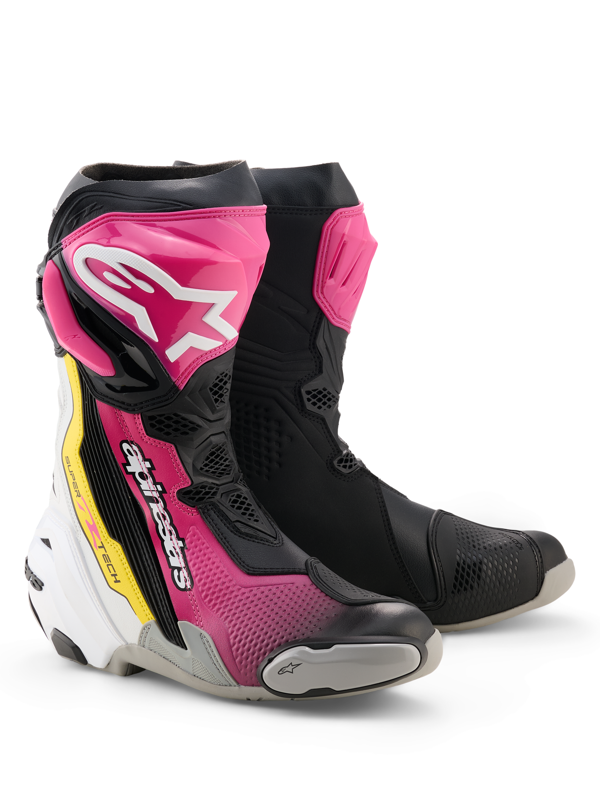 Alpinestars Supertech R Boots, Racing Motorcycle Boots, Black Magenta White and Yellow Fluo, featuring vibrant pink shin plates with white star logos, yellow accents, and high-performance racing design