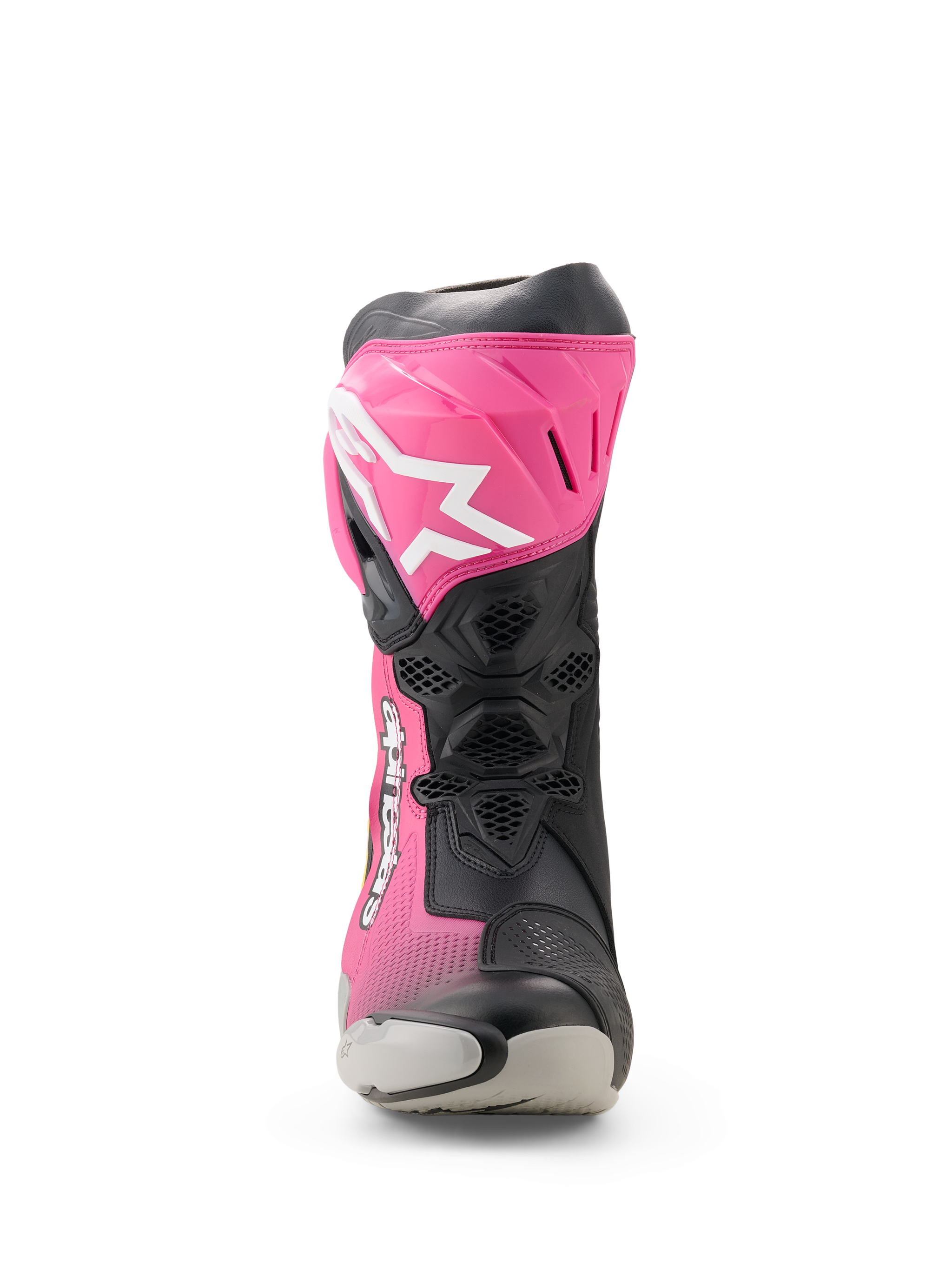 Alpinestars Supertech R Boots, Racing Footwear, Black and Magenta Pink, front view featuring TPU shin plate with white Astars logo, microfiber chassis and protective sliders