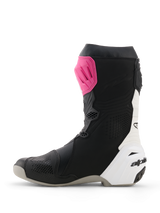 Alpinestars Supertech R Boots, Racing Motorcycle Boots, Black Magenta and White, featuring a vibrant pink TPU shin plate, white heel counter, perforated microfiber construction, sleek professional track performance design