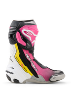 Alpinestars Supertech R-støvler, højtydende racing-motorcykelstøvle i sort, magenta, hvid og gul fluo, sideprofil med TPU-beskyttelse, udskiftelig tåslider og ergonomisk racing-design.