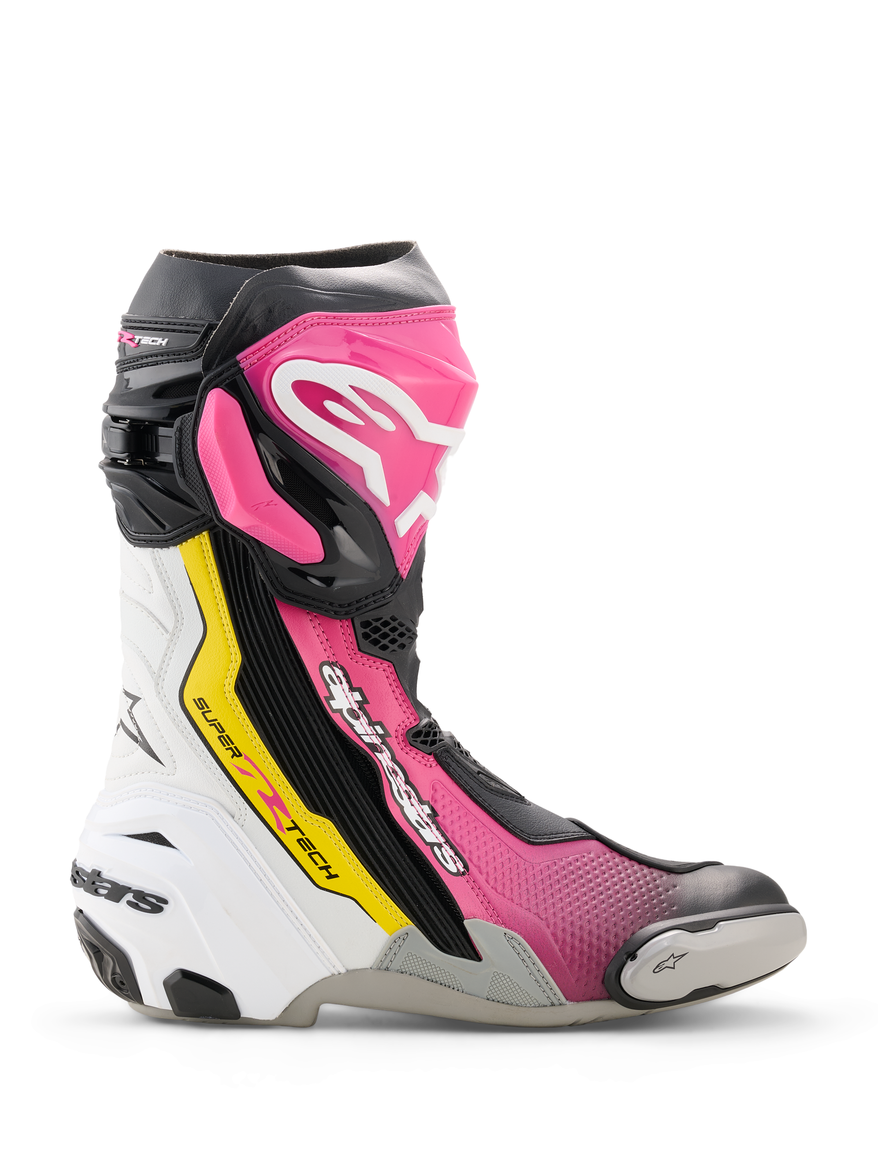 Alpinestars Supertech R-støvler, højtydende racing-motorcykelstøvle i sort, magenta, hvid og gul fluo, sideprofil med TPU-beskyttelse, udskiftelig tåslider og ergonomisk racing-design.