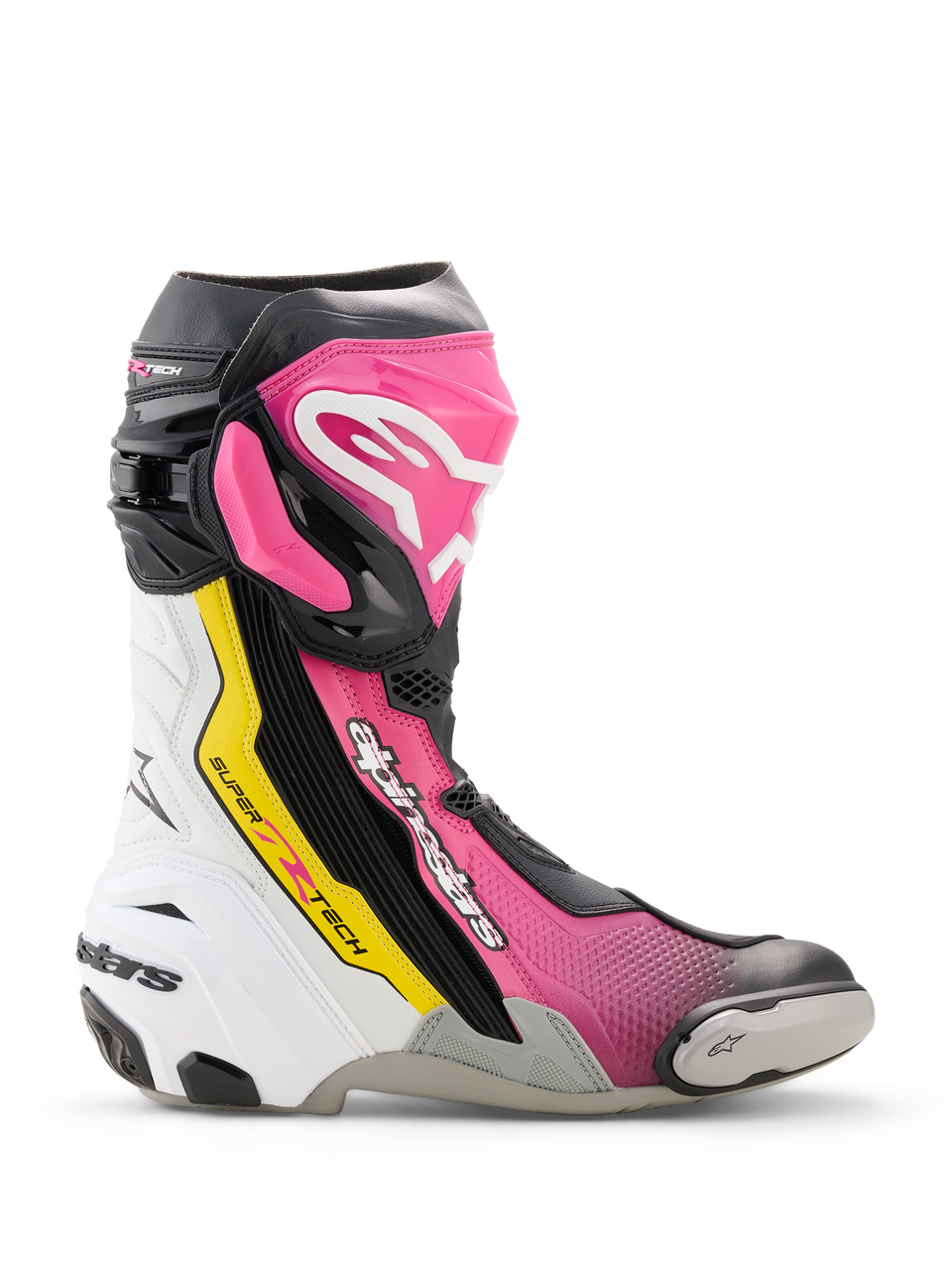 Alpinestars Supertech R-støvler, højtydende racing-motorcykelstøvle i sort, magenta, hvid og gul fluo, sideprofil med TPU-beskyttelse, udskiftelig tåslider og ergonomisk racing-design.