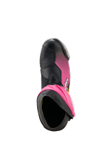 Alpinestars Supertech R Boots, Racing Boots, Black Magenta White and Yellow Fluo, top-down view showing the boot opening, TPU shin plate, and shifter area, professional performance motorcycle footwear