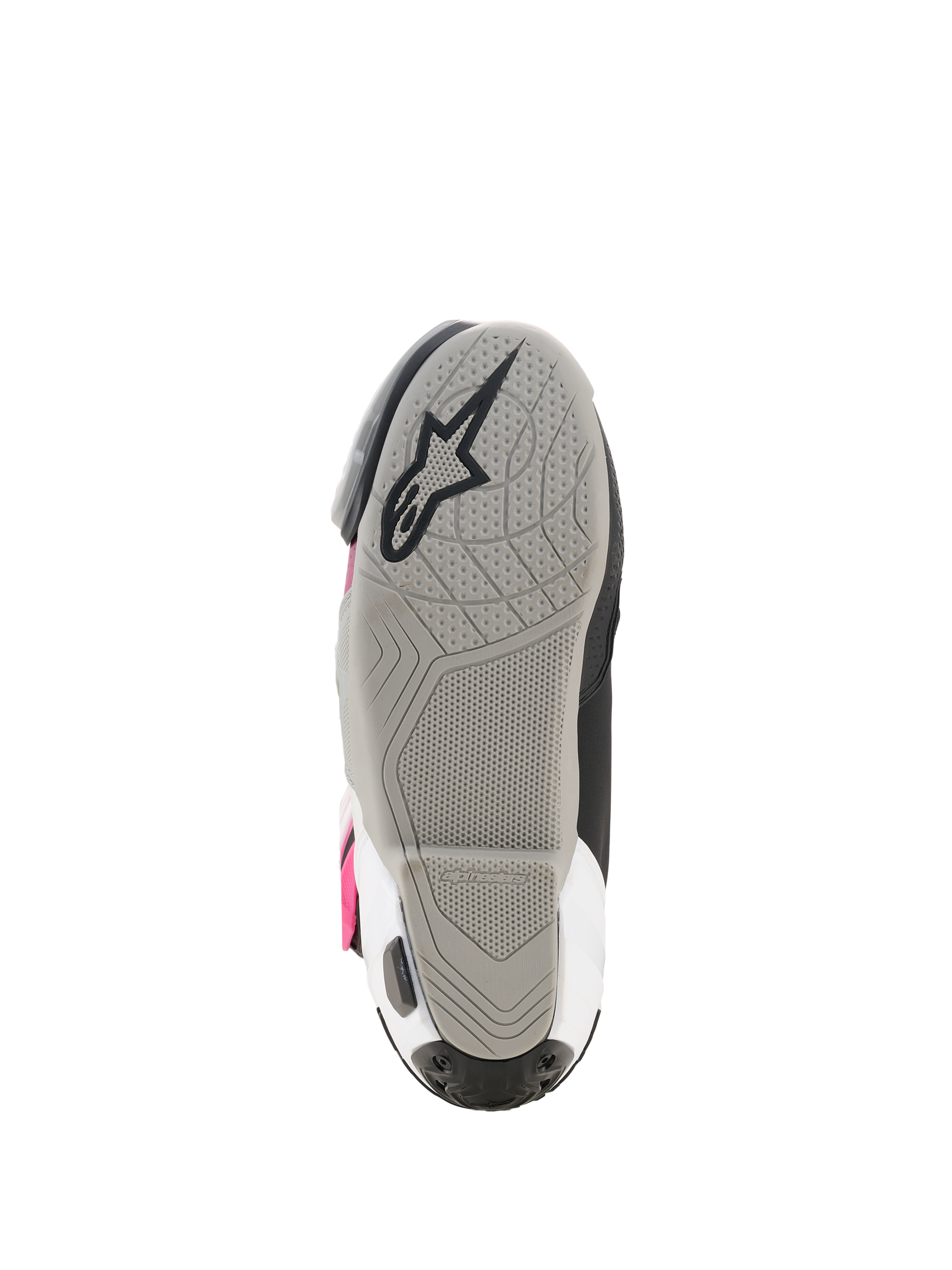 Alpinestars Supertech R Boots, bottom view of the sole, light gray rubber compound with integrated grip tread pattern, black Alpinestars star logo, visible white and magenta accents, high-performance racing footwear.
