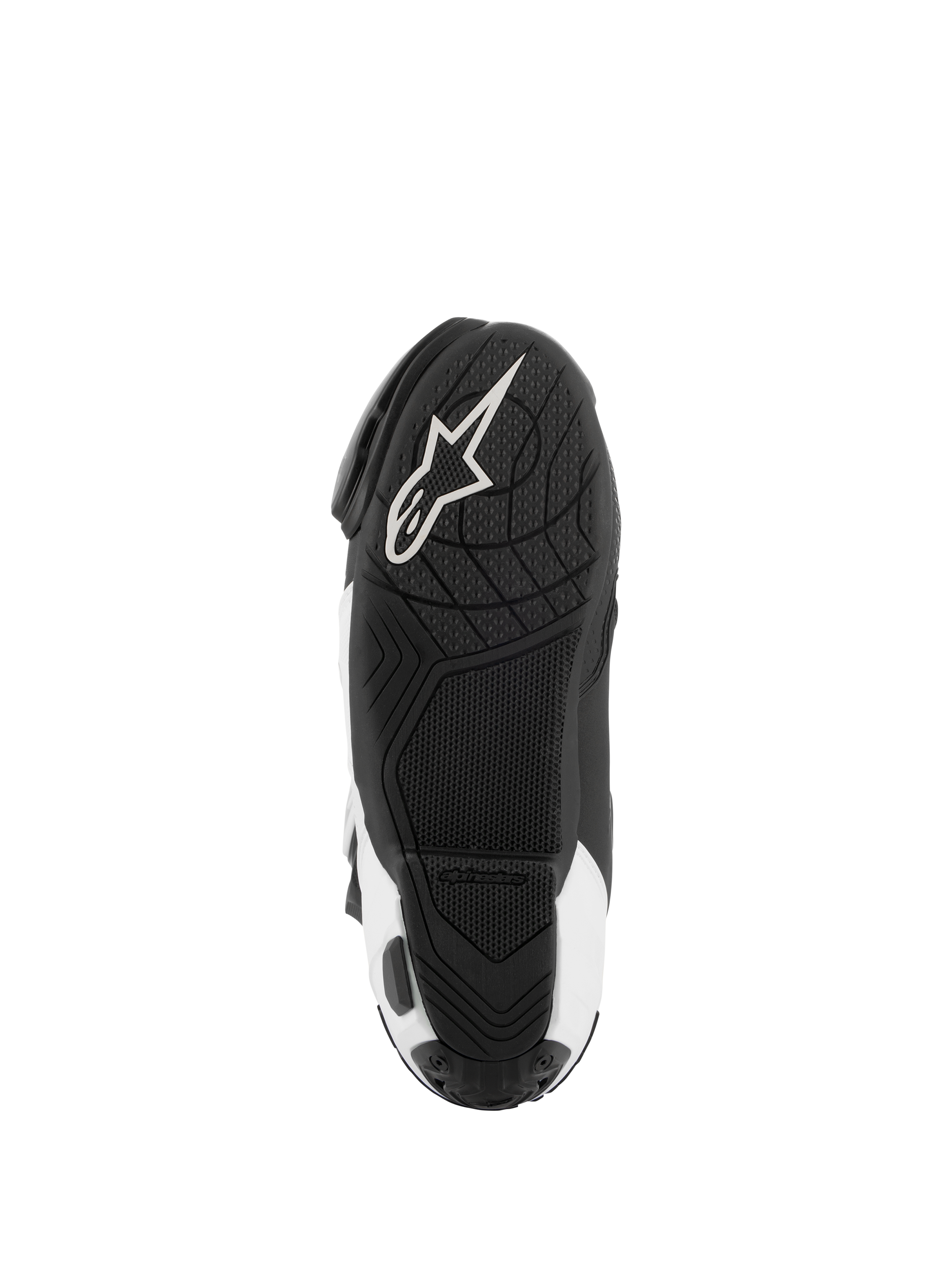 Alpinestars Supertech R Vented Boots, Motorcycle Racing Boots, Black and White, bottom view of the sole featuring a textured rubber grip and white Alpinestars logo