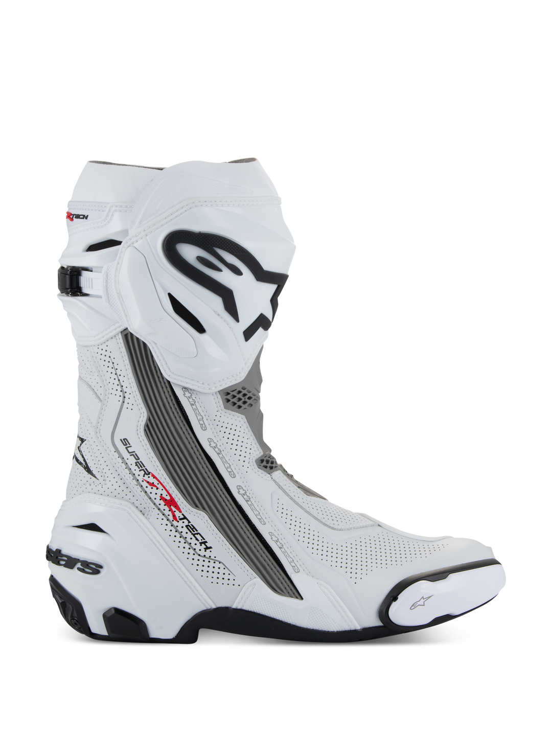 Alpinestars Supertech R Vented støvler, motorcykelracingstøvler, hvid med mellemgrå og sorte detaljer, sideprofil med perforerede mikrofiberpaneler for luftgennemstrømning, stort sort og hvidt Alpinestars-logo på skinnebenet, aerodynamisk design med udskiftelige slidere og sort gummisål