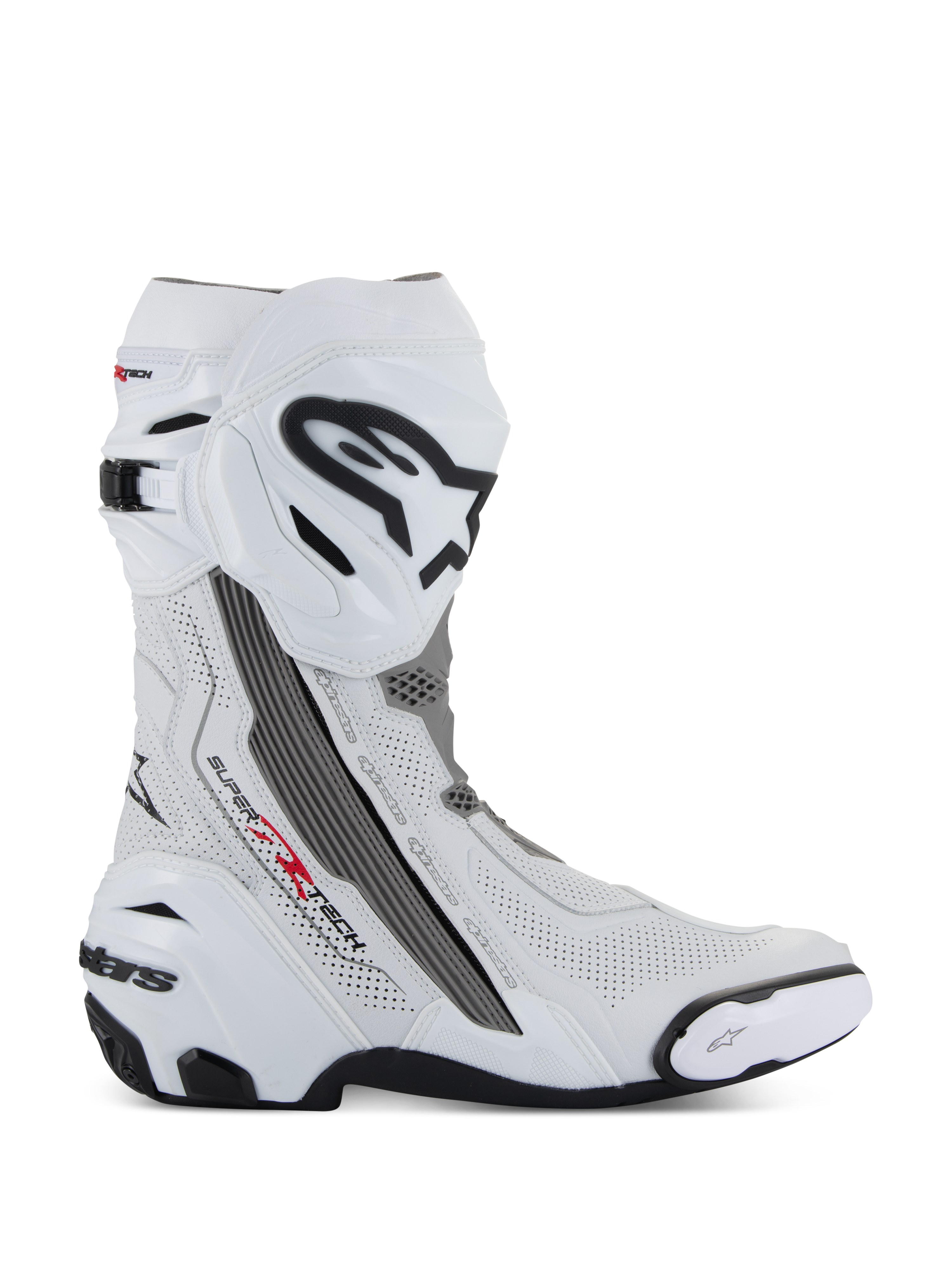 Alpinestars Supertech R Vented Boots, Motorcycle Racing Boots, White with Mid Gray and Black accents, side profile view showing perforated microfiber panels for airflow, large black and white Alpinestars logo on the shin, aerodynamic design with replaceable sliders and black rubber sole.