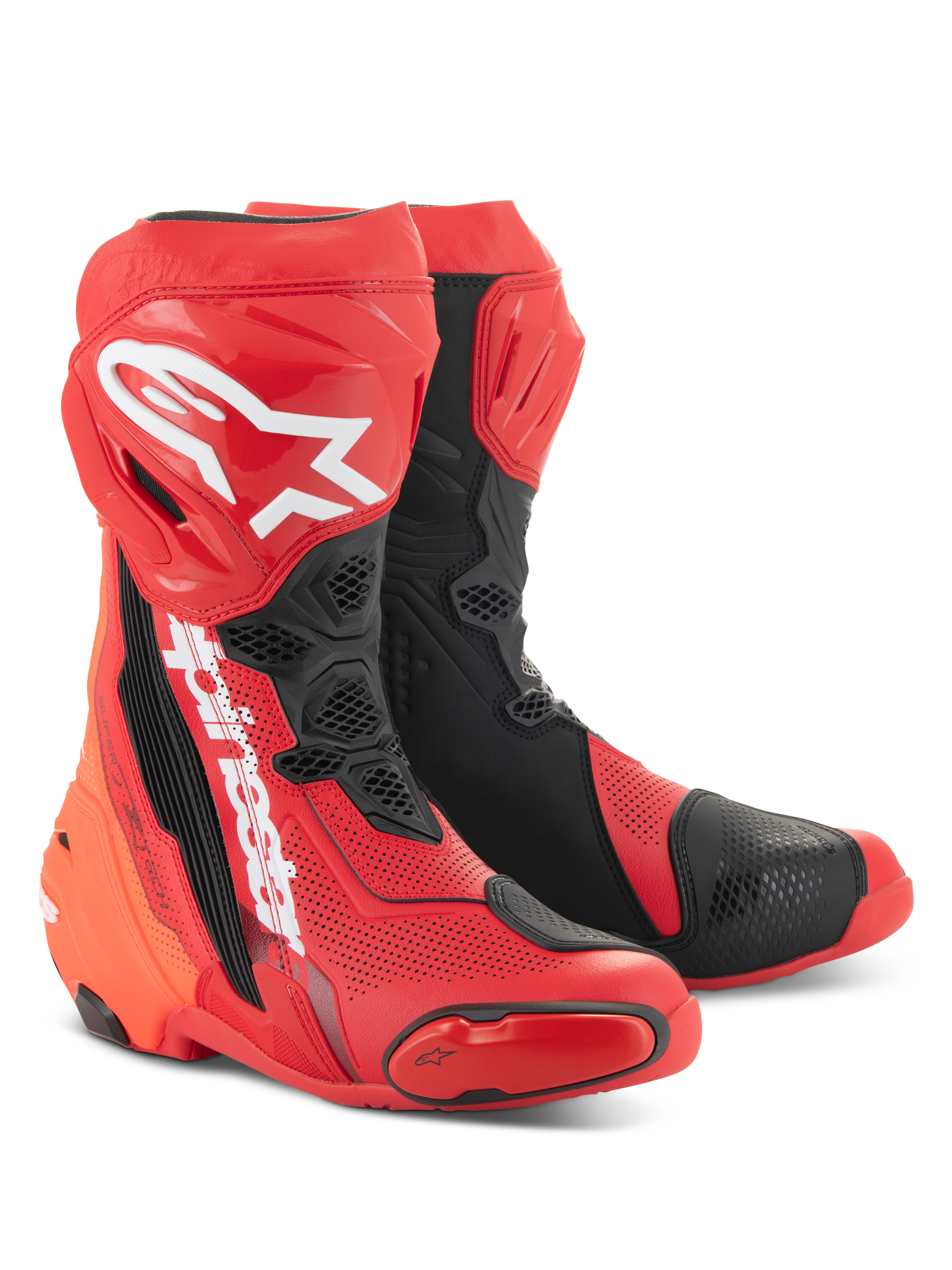 Alpinestars Supertech R Vented-støvler, lys rød og sort, højtydende motorcykelracerstøvler med omfattende perforeringer, hvidt A-star-logo på skinnebenet og holdbare TPU-beskyttelsespaneler