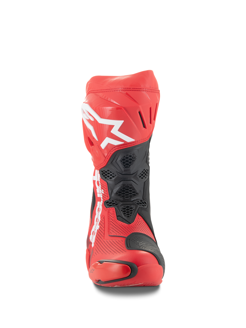 Alpinestars Supertech R Vented støvler, set forfra, klar rød og rød fluo med sorte detaljer, hvidt Alpinestars-logo på skinnebenet, perforeret mikrofiberkonstruktion for luftgennemstrømning, beskyttende TPU-paneler til racing
