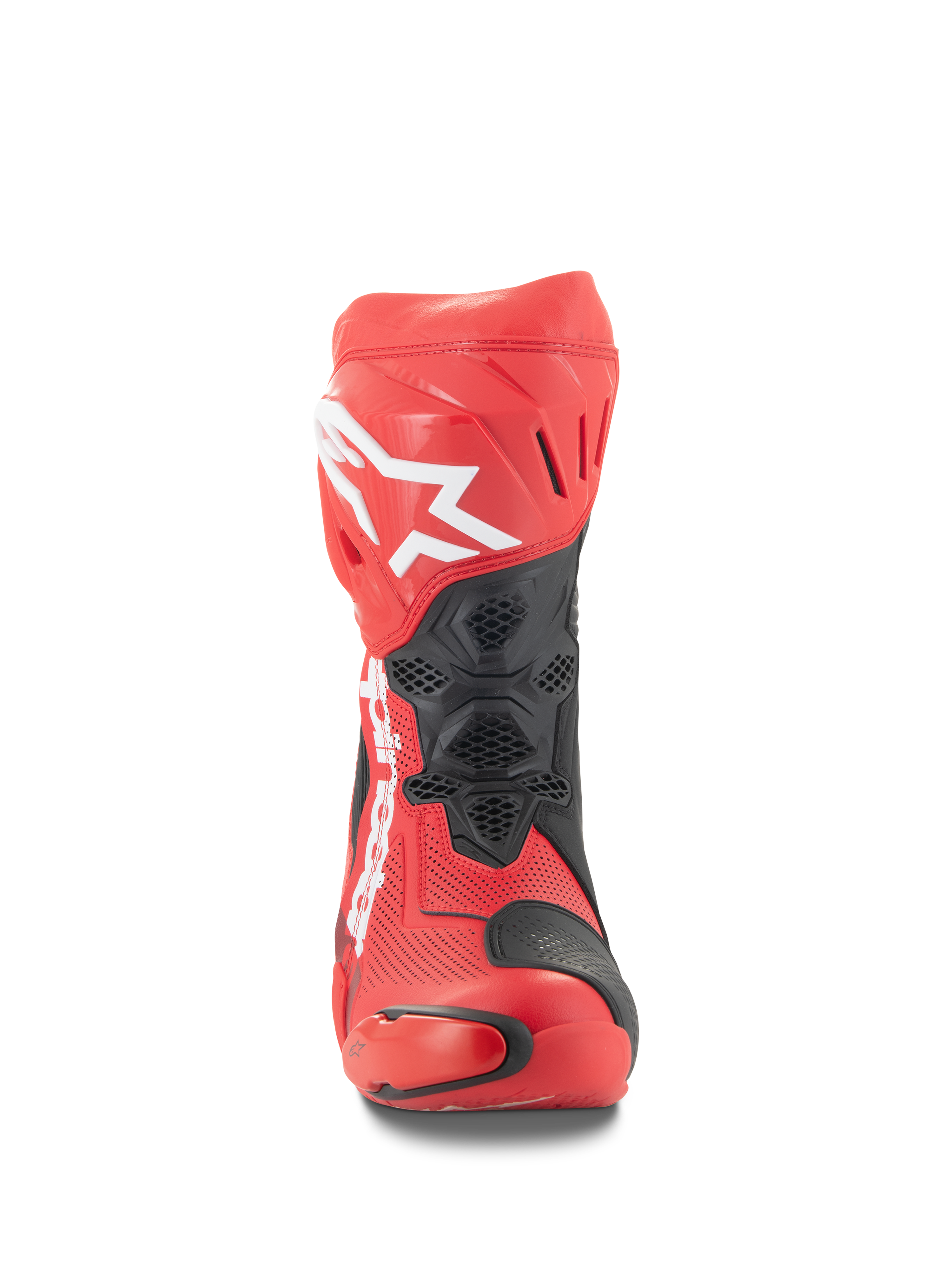 Alpinestars Supertech R Vented støvler, set forfra, klar rød og rød fluo med sorte detaljer, hvidt Alpinestars-logo på skinnebenet, perforeret mikrofiberkonstruktion for luftgennemstrømning, beskyttende TPU-paneler til racing