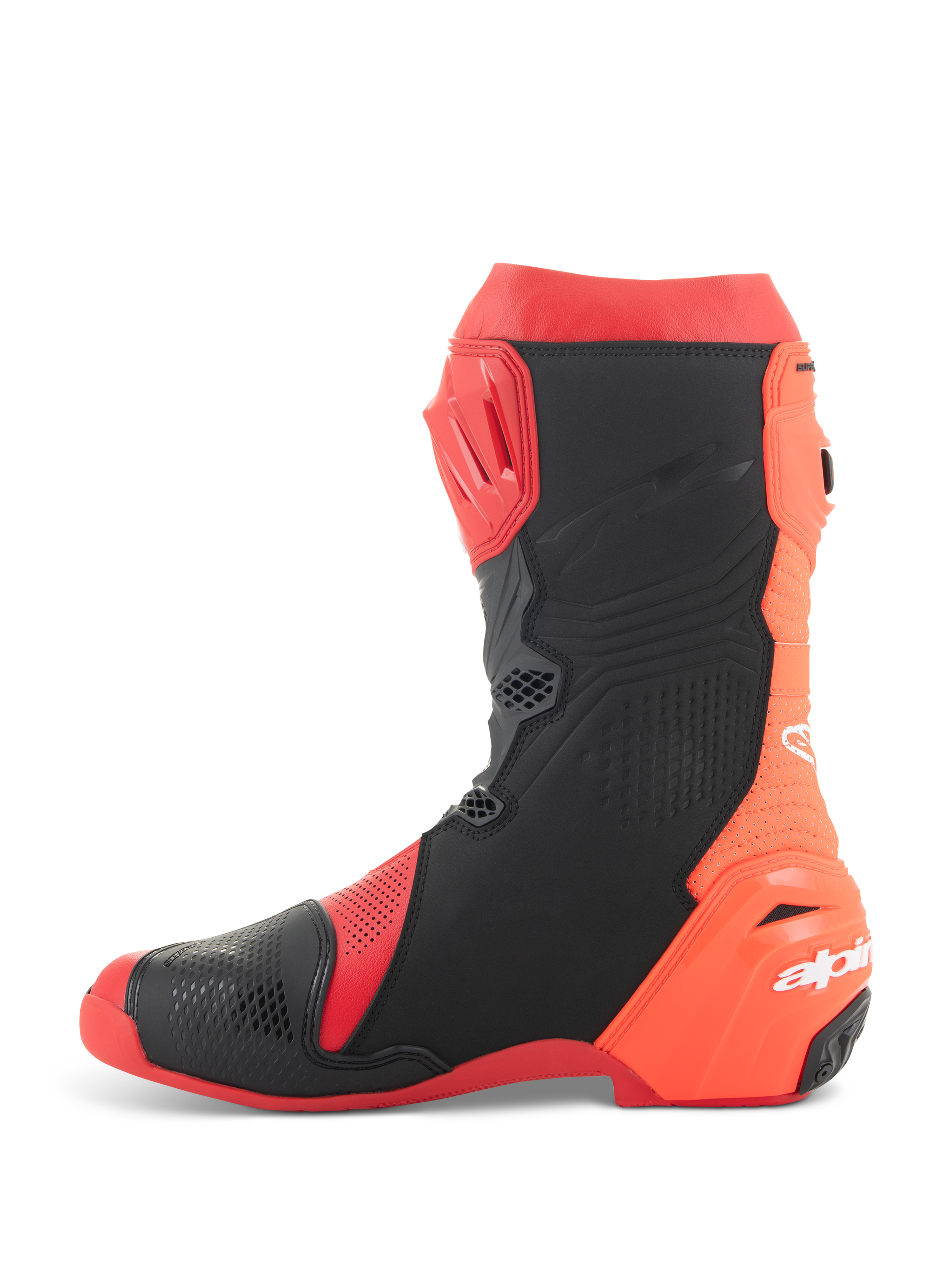 Alpinestars Supertech R Vented støvler, racing motorcykelstøvler, klar rød og rød fluo med sorte detaljer, set fra siden med omfattende perforeringer for maksimal luftgennemstrømning og TPU-beskyttelsespaneler