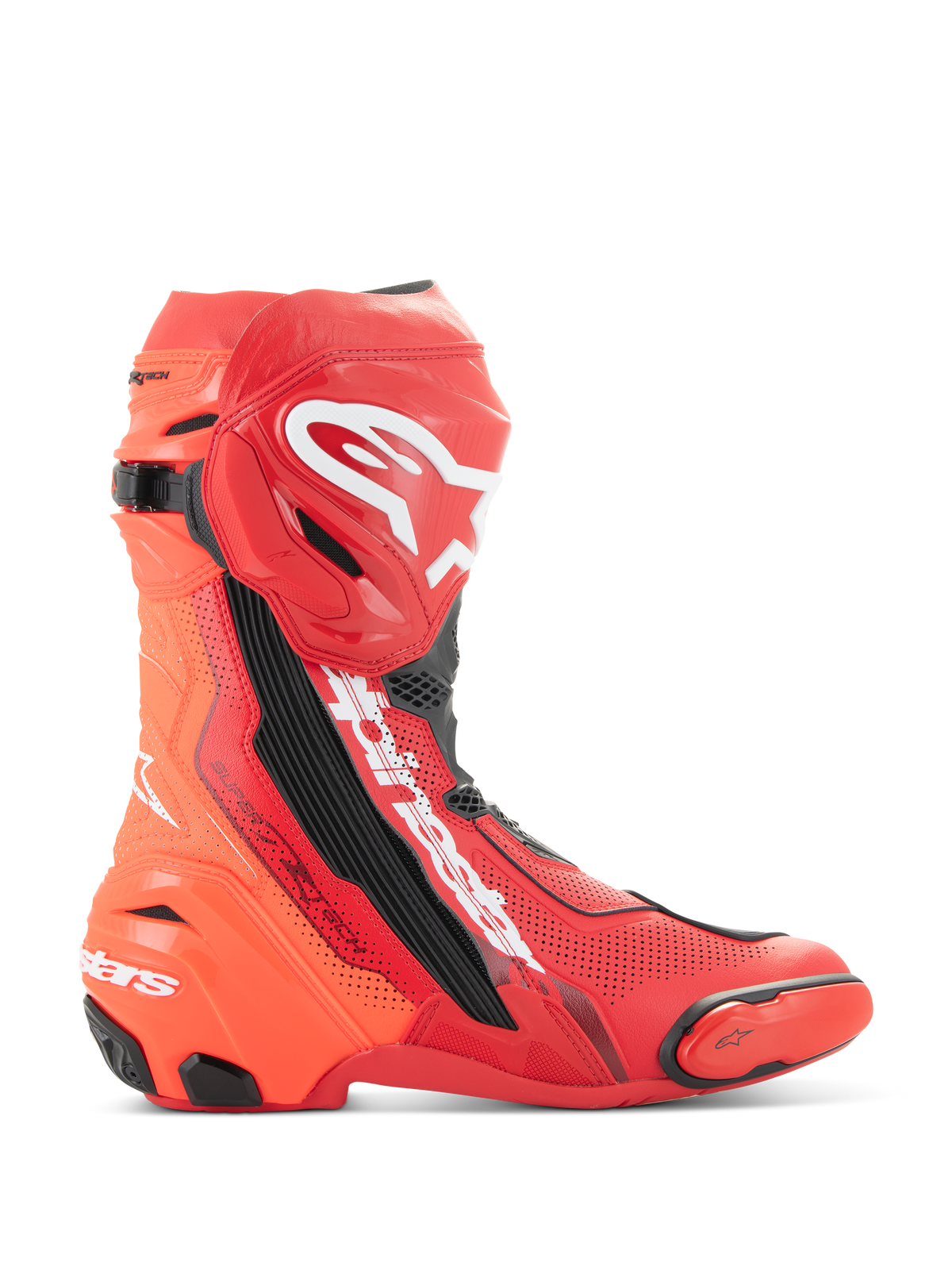Alpinestars Supertech R Vented Boots, Motorcycle Racing Boots, Bright Red and Red Fluo with white and black accents, side profile view showing extensive perforations for breathability, white Astar logo on shin, TPU toe and heel sliders, professional-grade track footwear