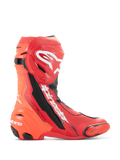 Alpinestars Supertech R Vented støvler, motorcykelracingstøvler, klar rød og rød fluo med hvide og sorte detaljer, set fra siden med omfattende perforeringer for åndbarhed, hvidt Astar-logo på skinnebenet, TPU-tå- og hælskydere, professionelt fodtøj til banekørsel