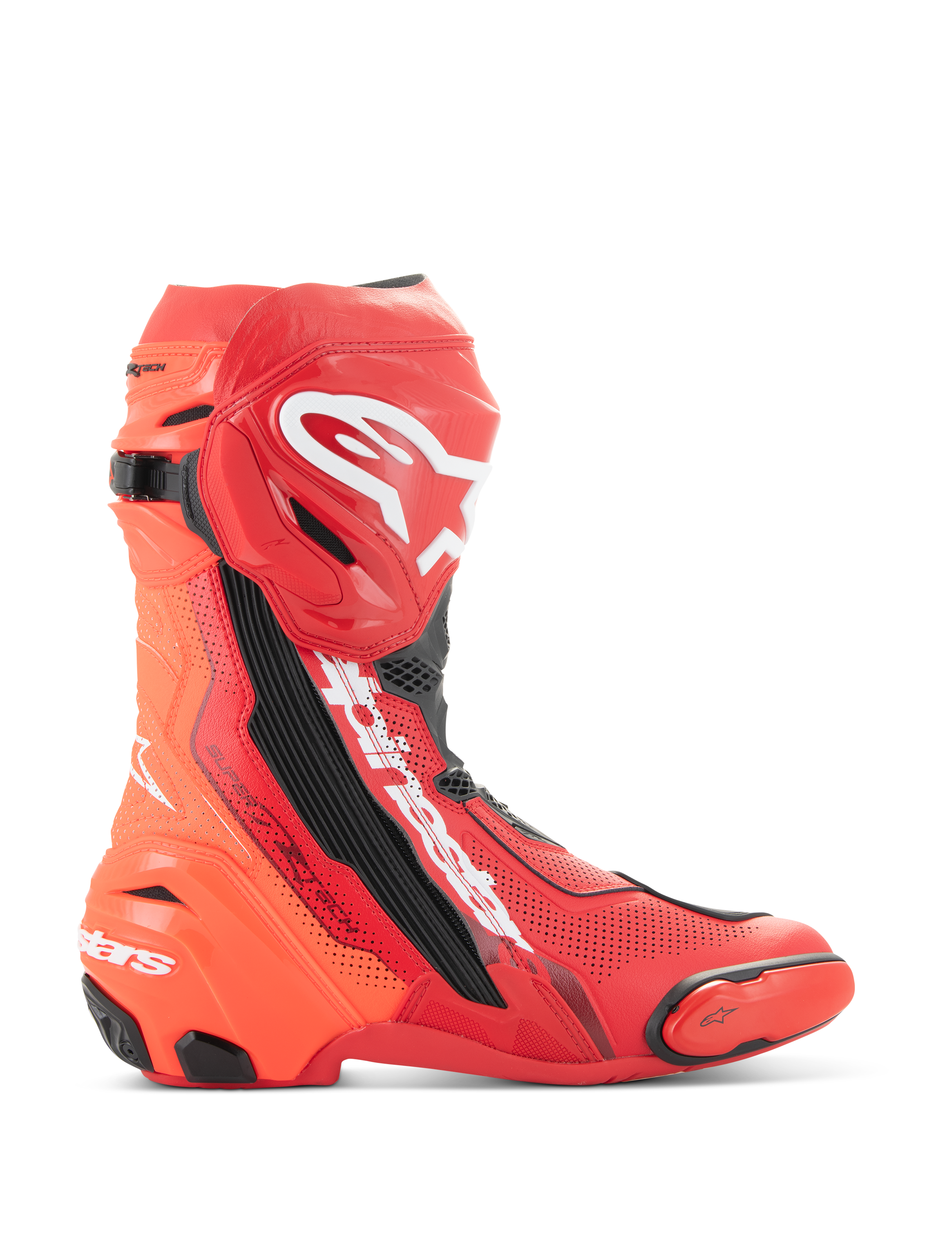 Alpinestars Supertech R Vented støvler, motorcykelracingstøvler, klar rød og rød fluo med hvide og sorte detaljer, set fra siden med omfattende perforeringer for åndbarhed, hvidt Astar-logo på skinnebenet, TPU-tå- og hælskydere, professionelt fodtøj til banekørsel