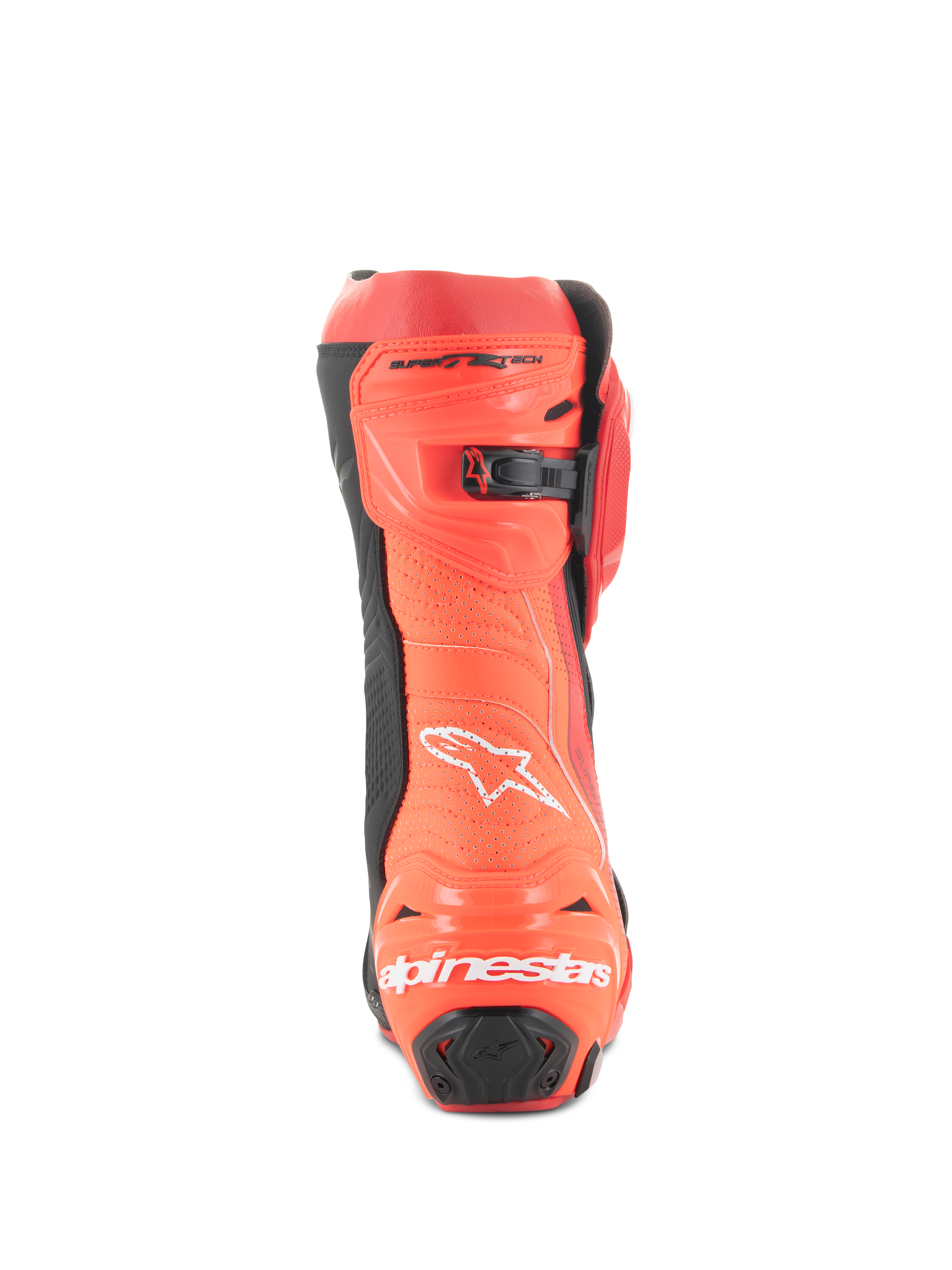 Alpinestars Supertech R Vented støvler, racing-motorcykelstøvler, Bright Red og Red Fluo, set bagfra med perforeret konstruktion til ventilation, TPU-hælbeskyttere og hvidt Alpinestars-logo