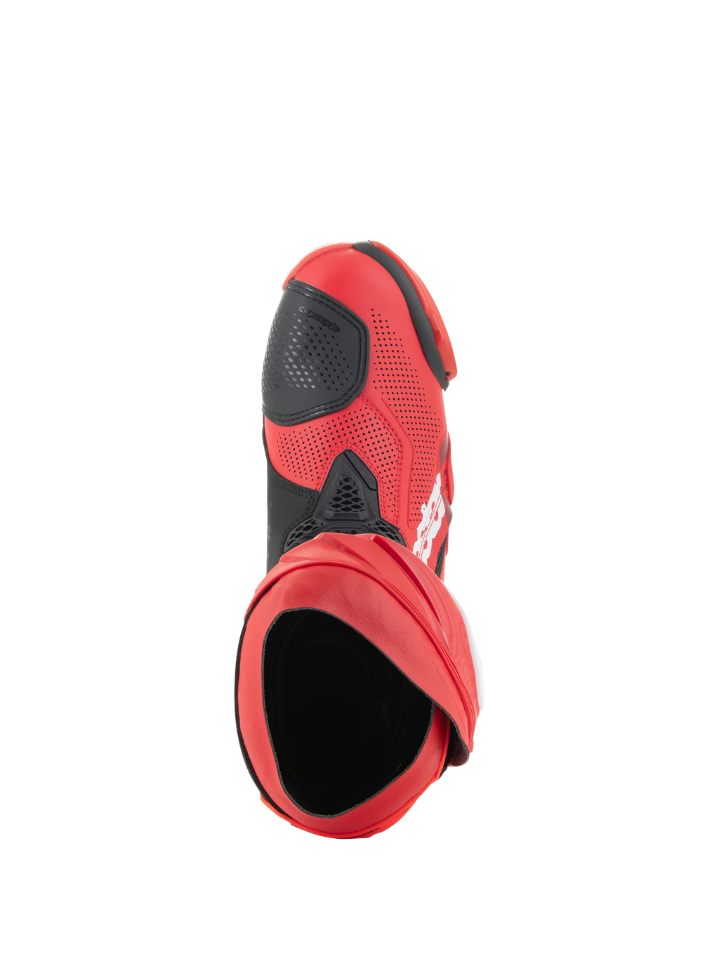 Alpinestars Supertech R Vented støvler, racerstøvler, Bright Red og Red Fluo, set ovenfra, der viser støvleåbningen, perforeret mikrofiber-overdel med sort gearskiftepude, professionelt fodtøj til bane- og landevejsløb