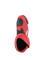 Alpinestars Supertech R Vented støvler, racerstøvler, Bright Red og Red Fluo, set ovenfra, der viser støvleåbningen, perforeret mikrofiber-overdel med sort gearskiftepude, professionelt fodtøj til bane- og landevejsløb