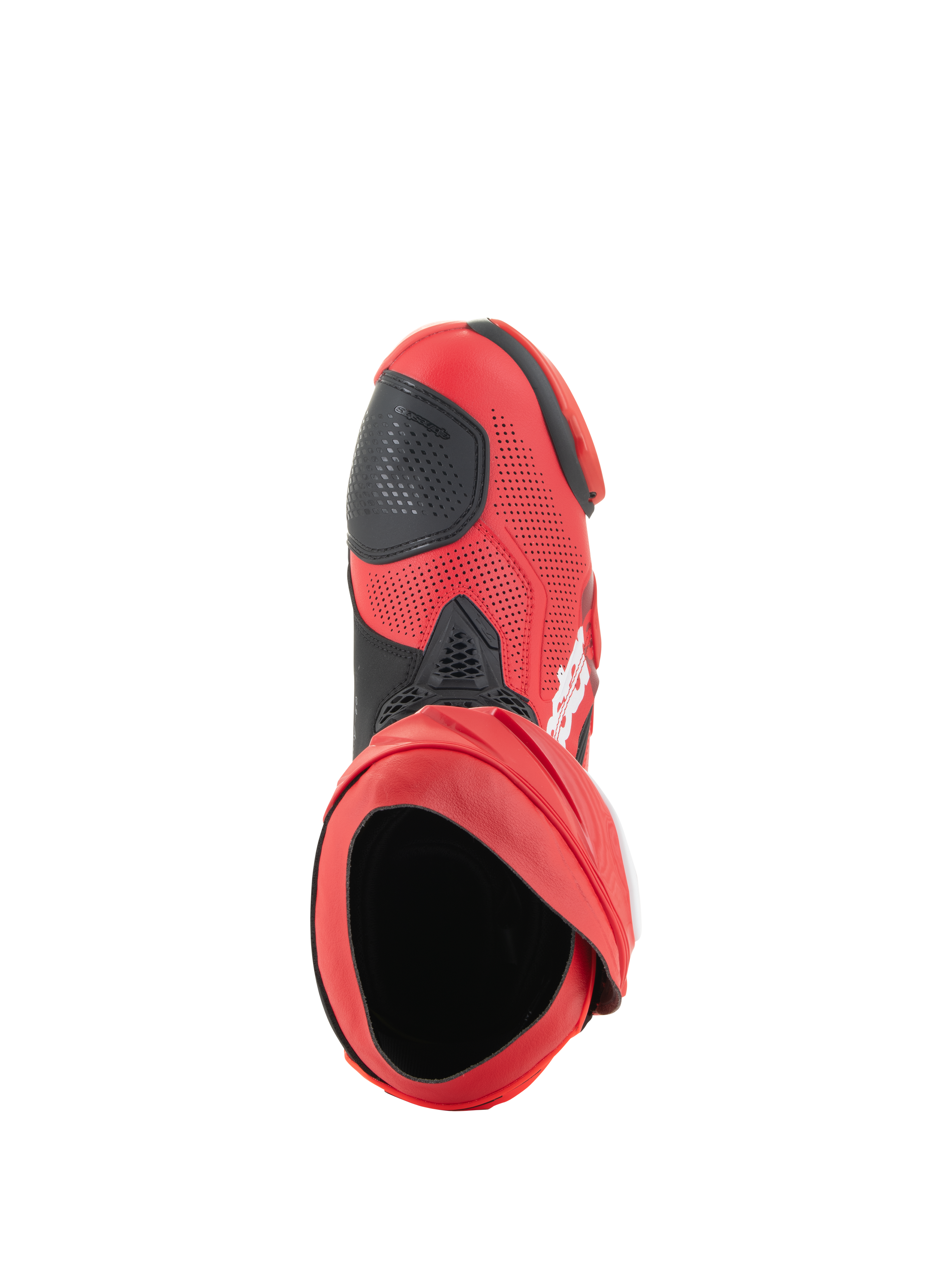 Alpinestars Supertech R Vented støvler, racerstøvler, Bright Red og Red Fluo, set ovenfra, der viser støvleåbningen, perforeret mikrofiber-overdel med sort gearskiftepude, professionelt fodtøj til bane- og landevejsløb