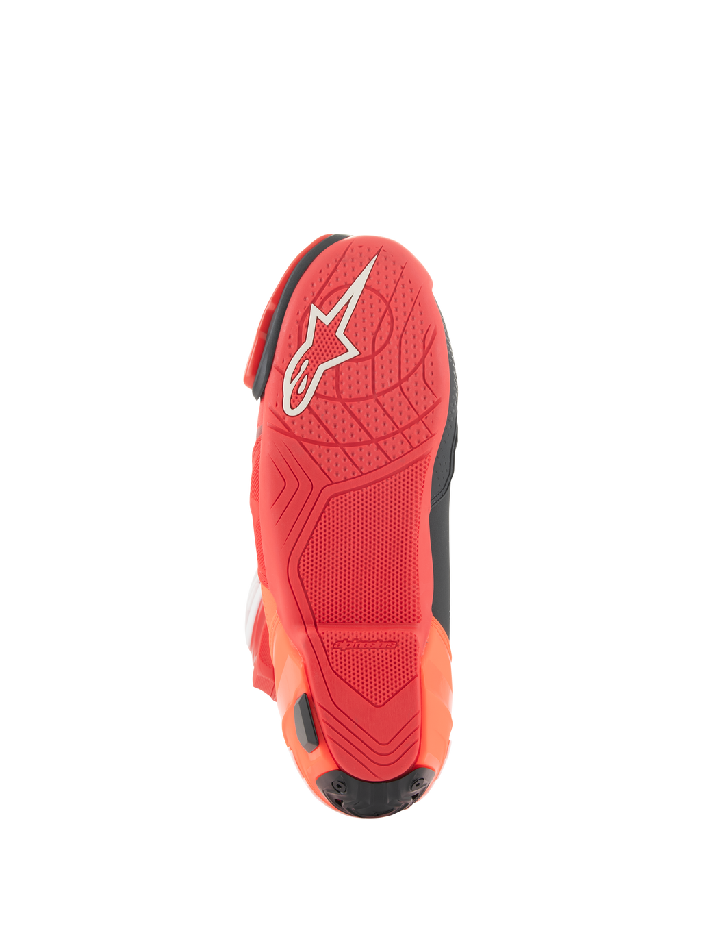 Alpinestars Supertech R Vented støvler, racerstøvler, Bright Red og Red Fluo, sålvisning med letvægts gummiblanding, hvidt Alpinestars-logo og tekstureret grebsmønster til motorcykel-fodstøtter.