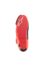 Alpinestars Supertech R Vented støvler, racerstøvler, Bright Red og Red Fluo, sålvisning med letvægts gummiblanding, hvidt Alpinestars-logo og tekstureret grebsmønster til motorcykel-fodstøtter.