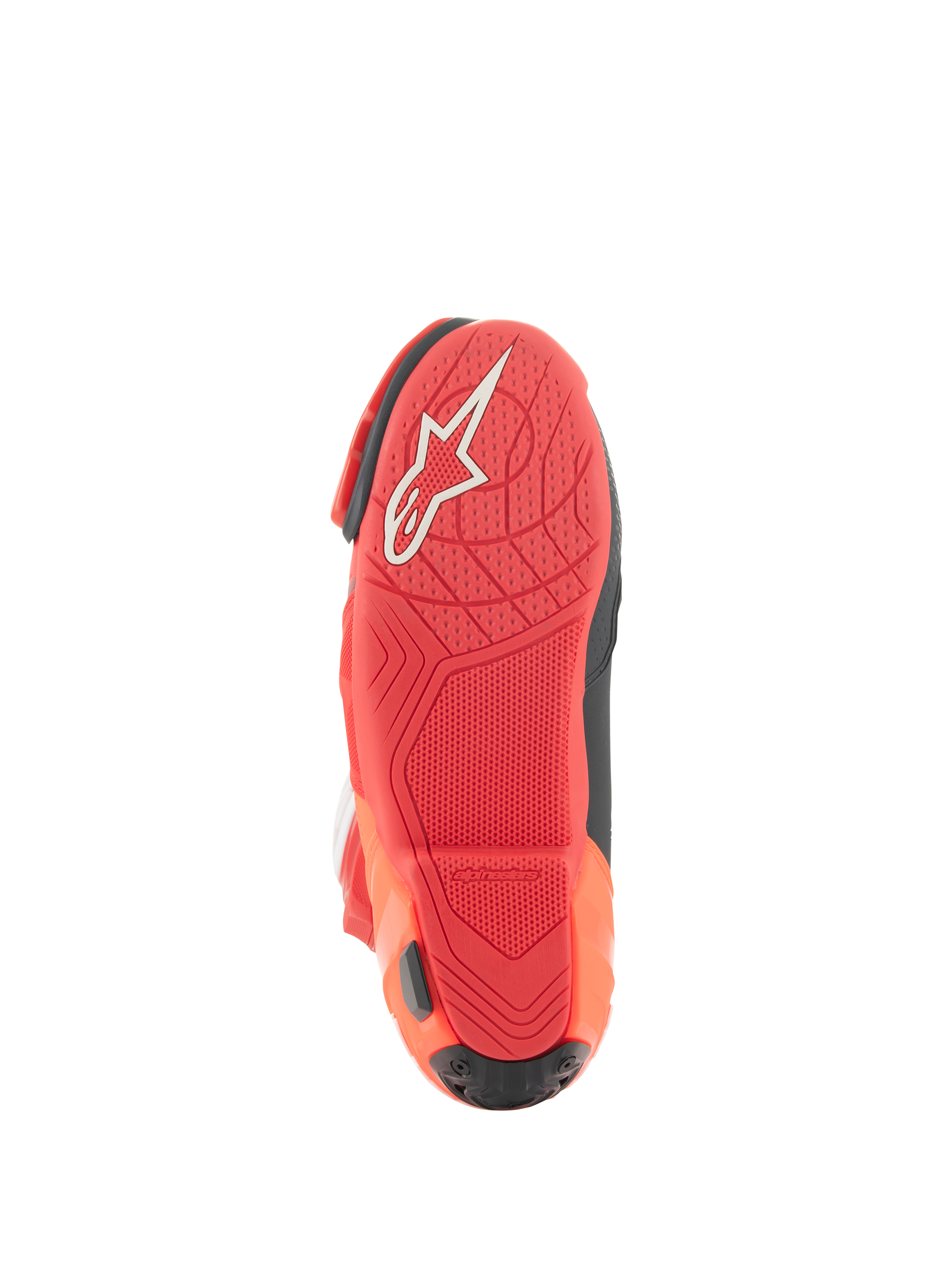 Alpinestars Supertech R Vented støvler, racerstøvler, Bright Red og Red Fluo, sålvisning med letvægts gummiblanding, hvidt Alpinestars-logo og tekstureret grebsmønster til motorcykel-fodstøtter.