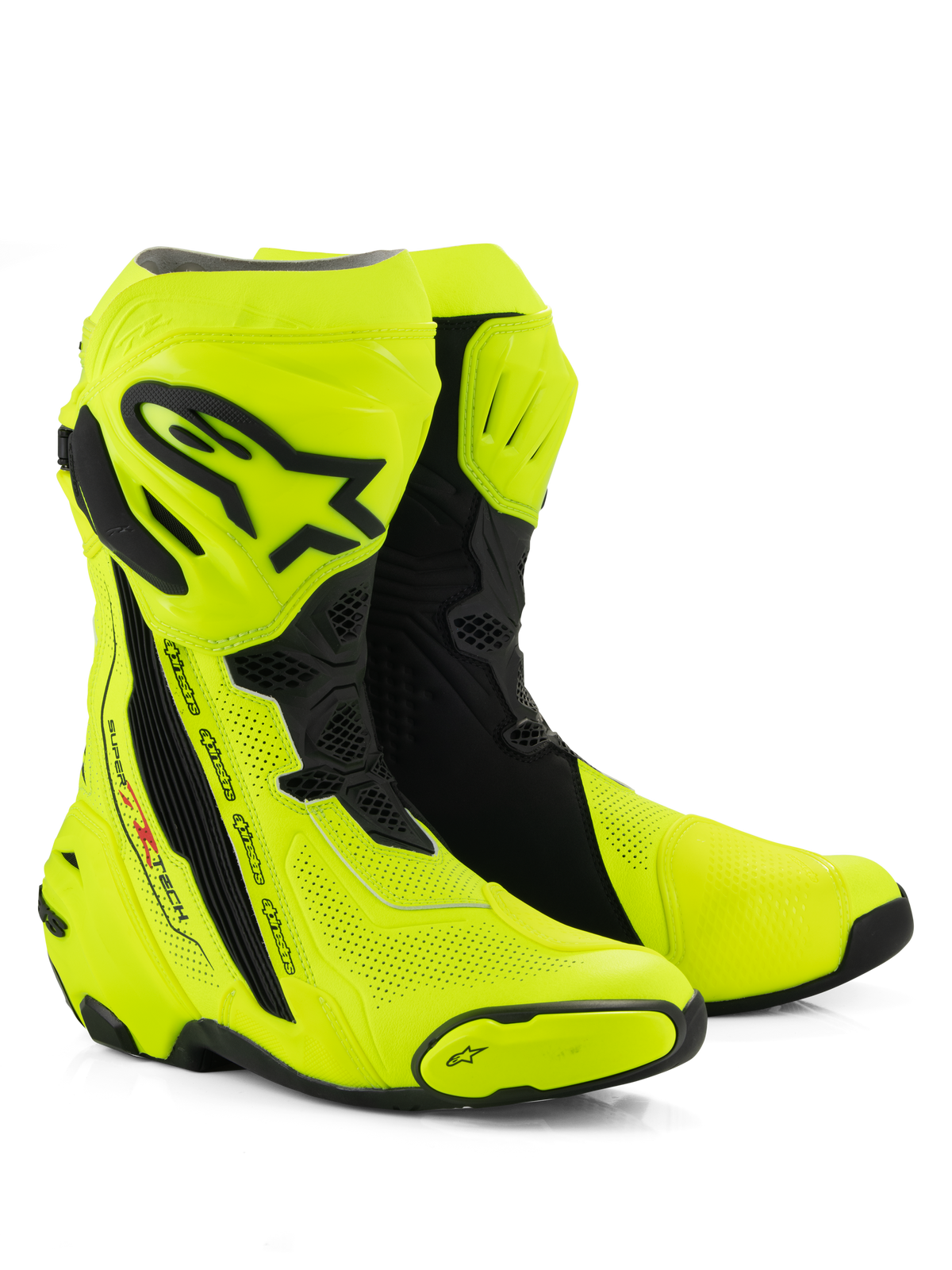 Alpinestars Supertech R Vented støvler, racerstøvler til motorcykel, fluoriserende gul og sort, med omfattende perforeringer for luftgennemstrømning, sort TPU-skinneplade og hælbeskyttere, og en strømlinet aerodynamisk profil til højtydende bane- og landevejsbrug