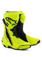 Alpinestars Supertech R Vented støvler, racerstøvler til motorcykel, fluoriserende gul og sort, med omfattende perforeringer for luftgennemstrømning, sort TPU-skinneplade og hælbeskyttere, og en strømlinet aerodynamisk profil til højtydende bane- og landevejsbrug